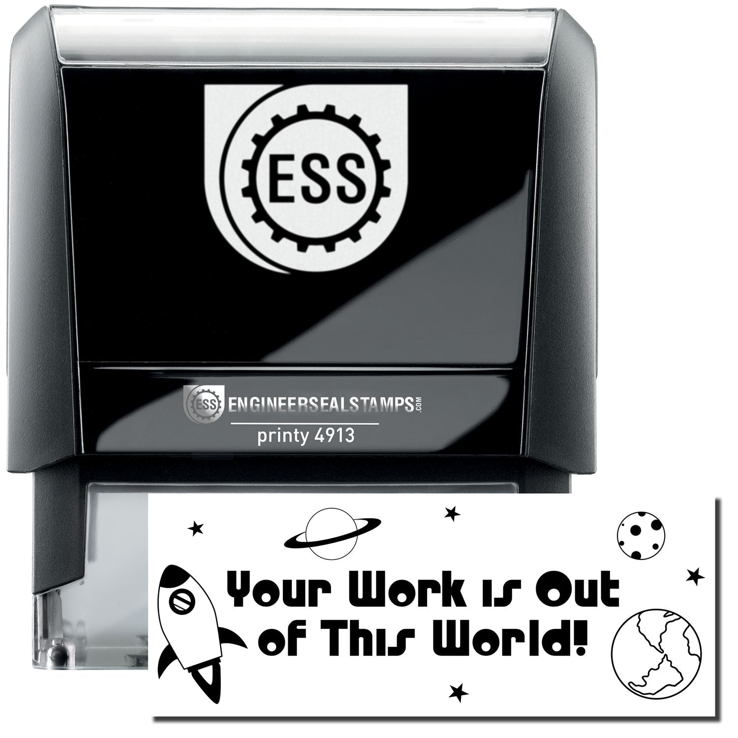 A self-inking stamp with a stamped image showing how the text Your Work is Out of This World! in a large unique wacky font surrounded by space icons like planets, moons, and a rocket ship is displayed after stamping.