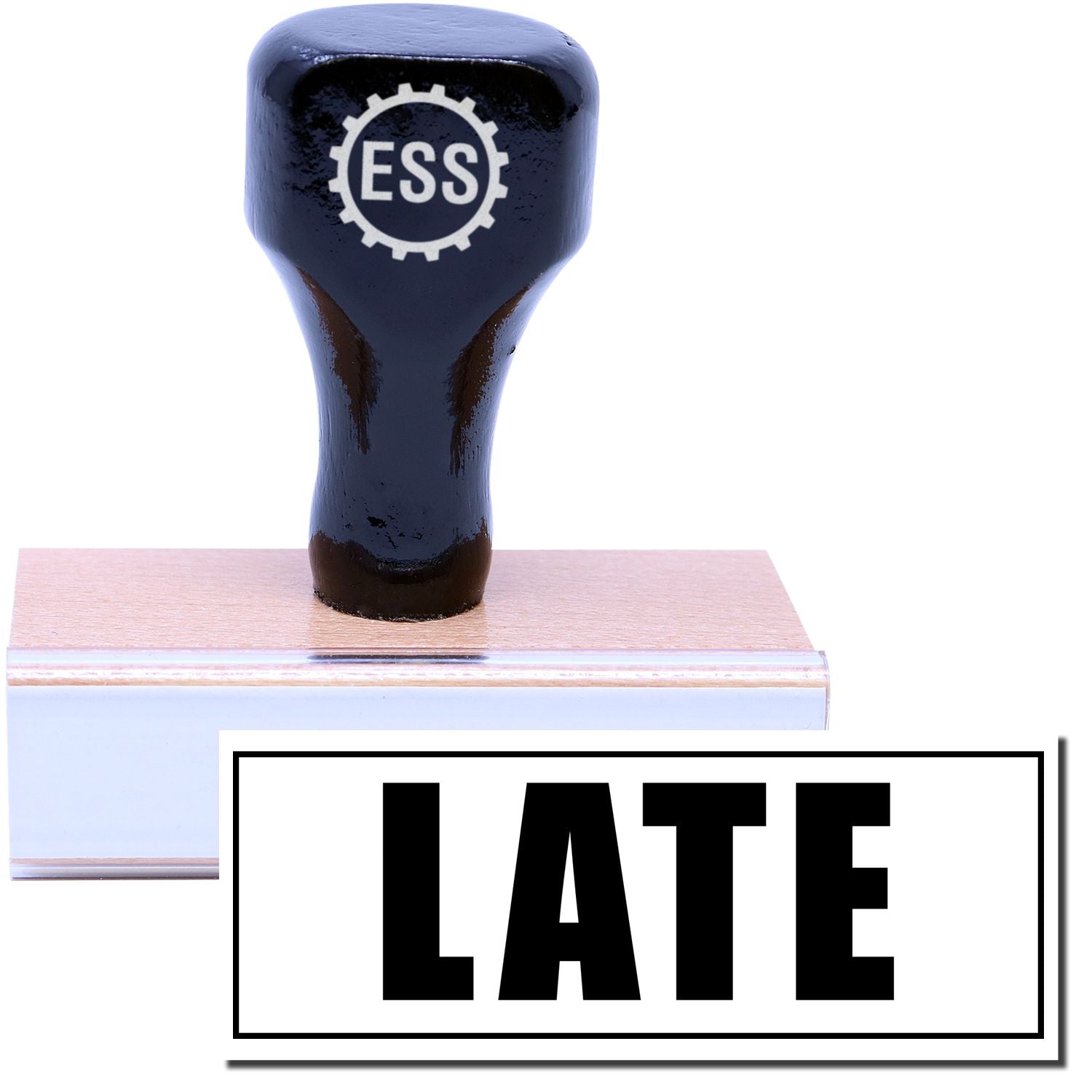 A stock office rubber stamp with a stamped image showing how the text "LATE" in a large bold font with an outline border is displayed after stamping.