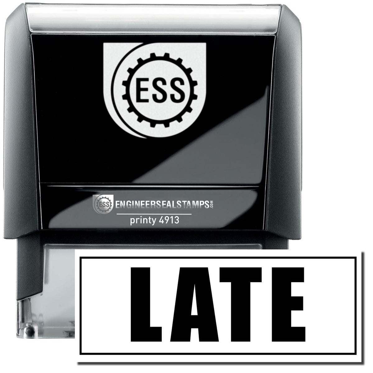 A self-inking stamp with a stamped image showing how the text &quot;LATE&quot; in a large bold font with an outline border is displayed after stamping.