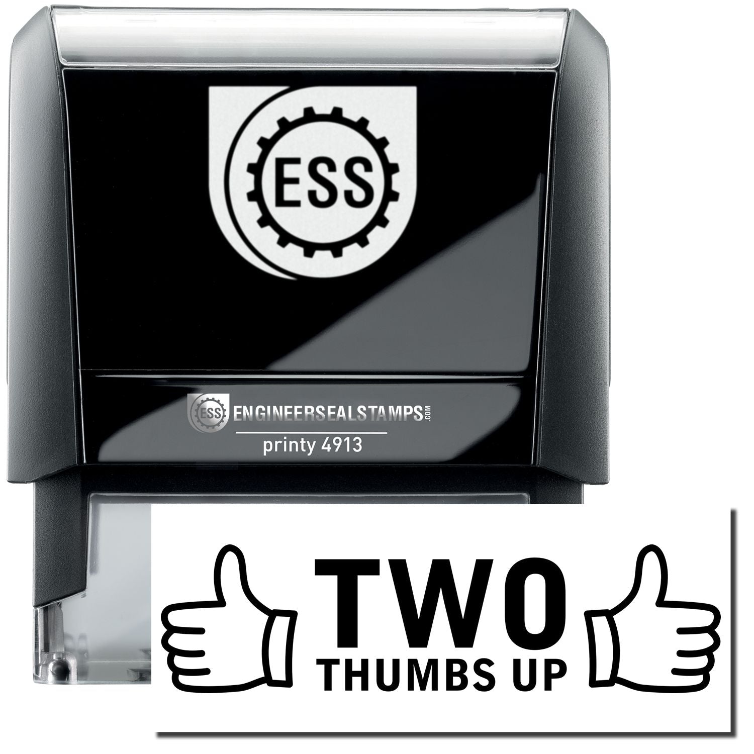 A self-inking stamp with a stamped image showing how the text TWO THUMBS UP in a large font with two thumbs pointing up on each side of the text is displayed after stamping.