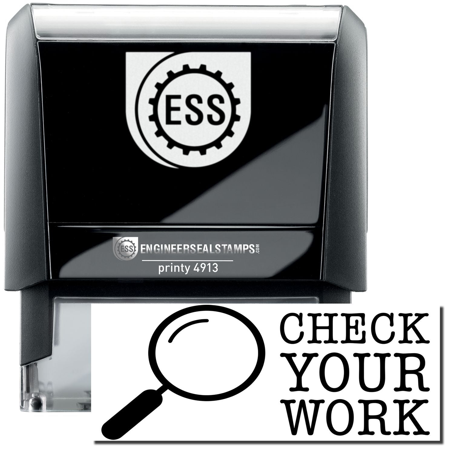 A self-inking stamp with a stamped image showing how the text CHECK YOUR WORK in a large unique font (each word in vertical order) with a detective glass image on the left side is displayed by it after stamping.