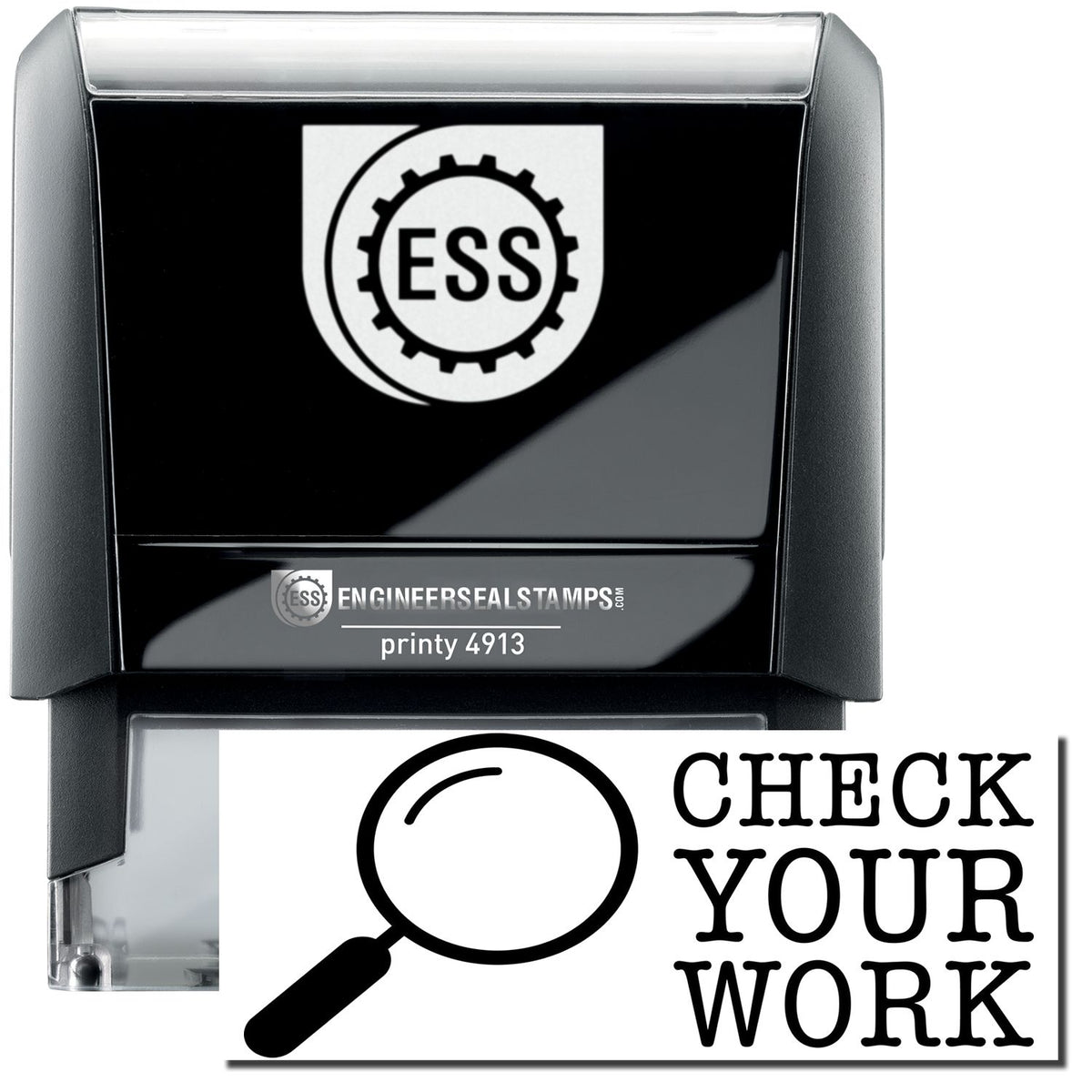 A self-inking stamp with a stamped image showing how the text &quot;CHECK YOUR WORK&quot; in a large unique font (each word in vertical order) with a detective glass image on the left side is displayed by it after stamping.