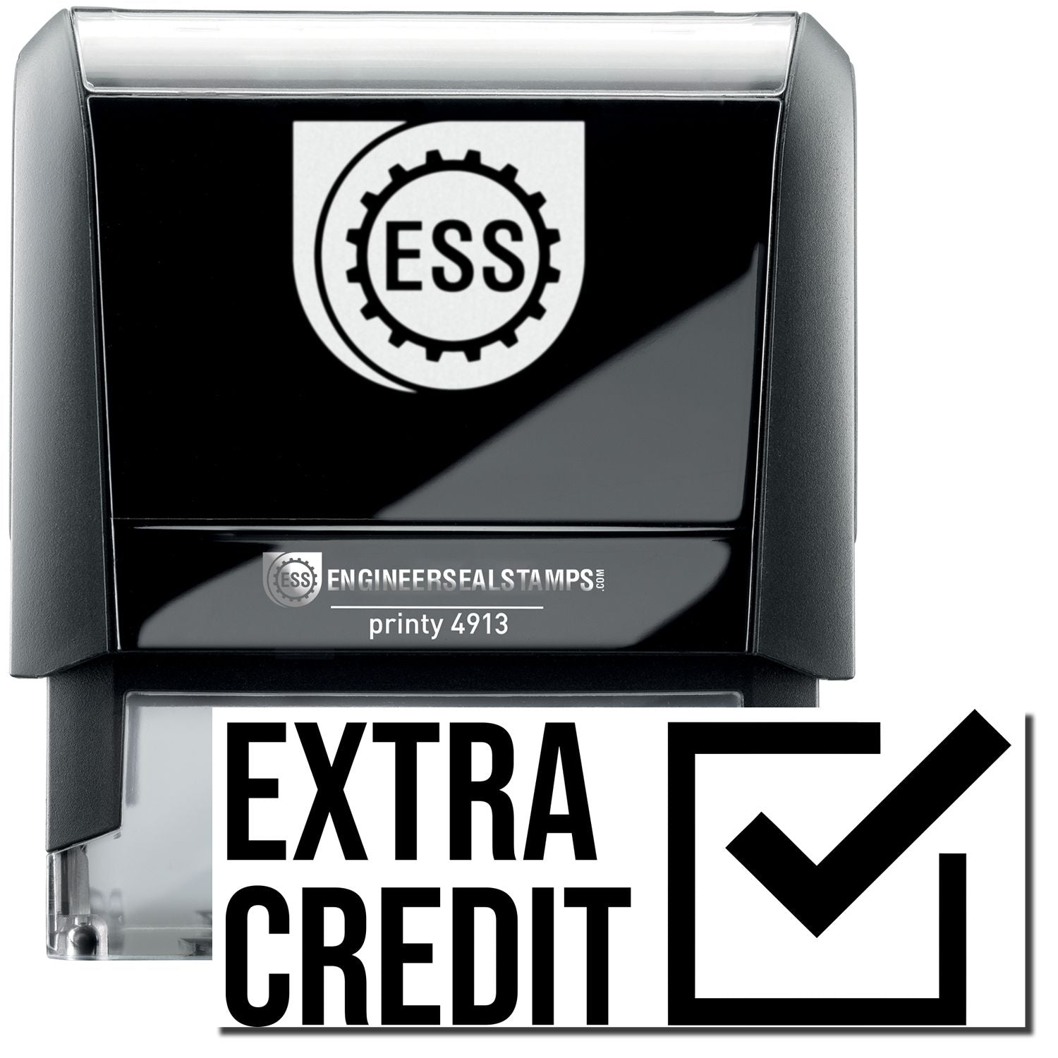 A self-inking stamp with a stamped image showing how the text "EXTRA CREDIT" (each word in vertical order) in a large font with a checked box on the right side is displayed after stamping.
