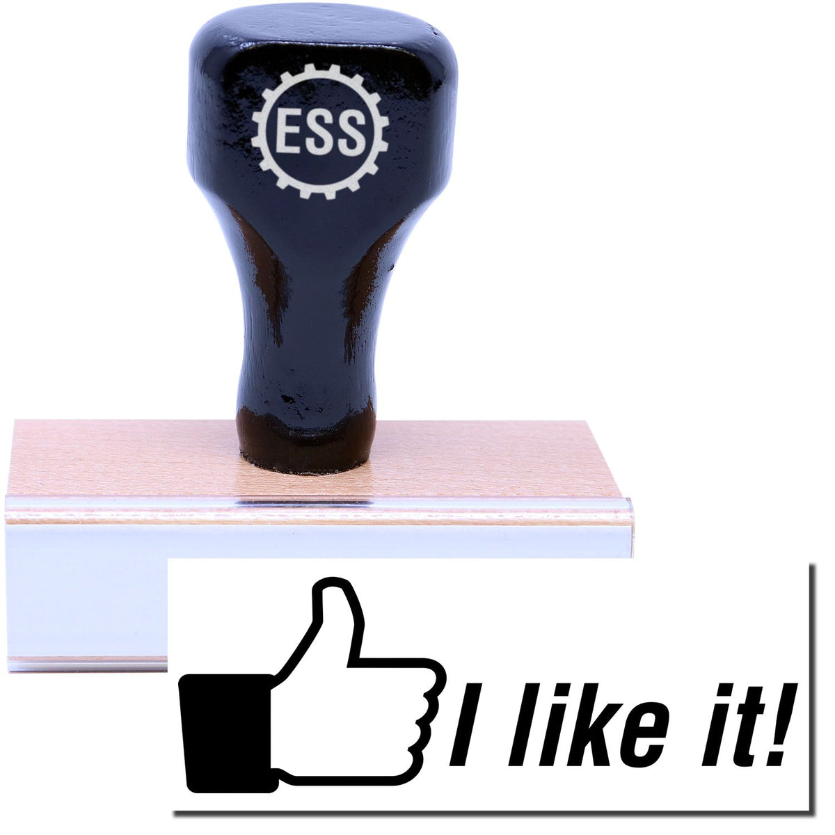 A stock office rubber stamp with a stamped image showing how the text &quot;I like it!&quot; in a large font with a thumbs-up icon on the left is displayed after stamping.