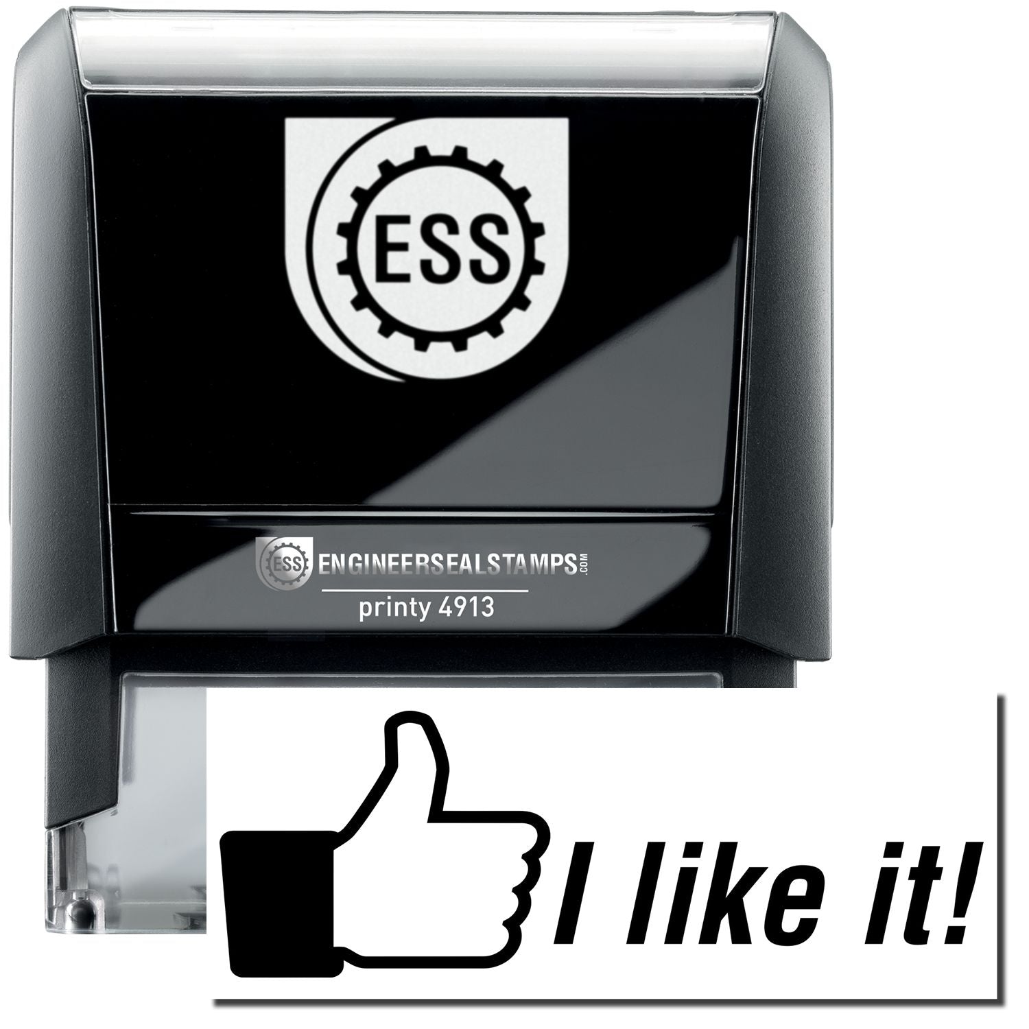 A self-inking stamp with a stamped image showing how the text "I like it!" in a large italic font with a thumbs-up icon on the left side is displayed after stamping.