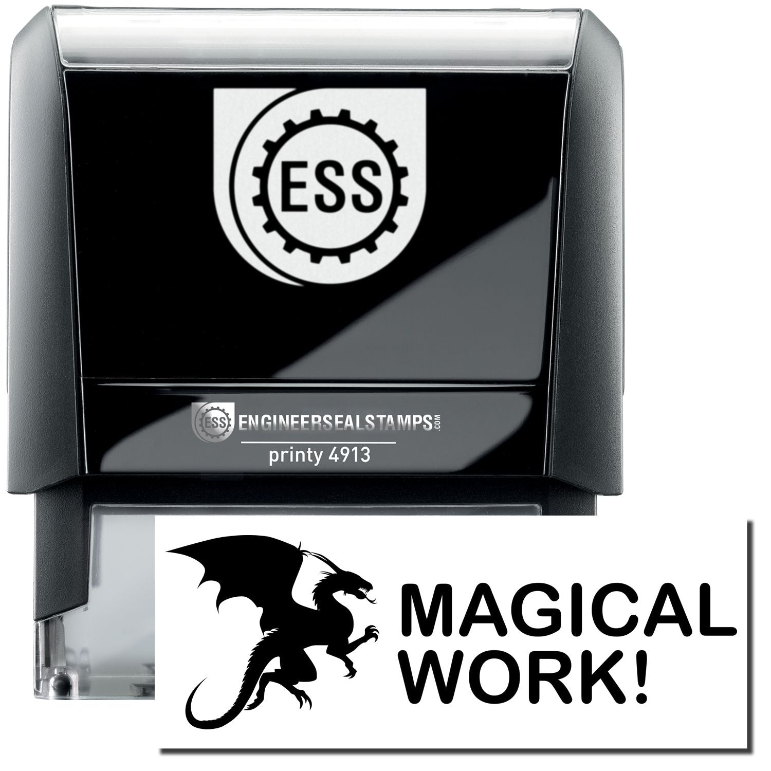 A self-inking stamp with a stamped image showing how the text MAGICAL WORK! in a large font with an icon of a dragon on the left side is displayed by it after stamping.