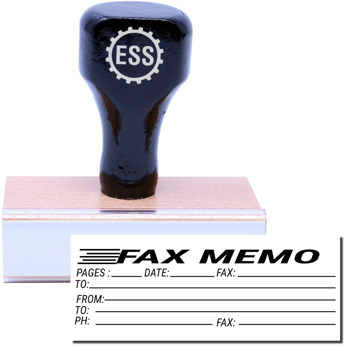 A stock office rubber stamp with a stamped image showing how the text &quot;FAX MEMO&quot; in a large font with spaces underneath to indicate the number of pages, date, fax information, and who the fax is being sent to is displayed after stamping.