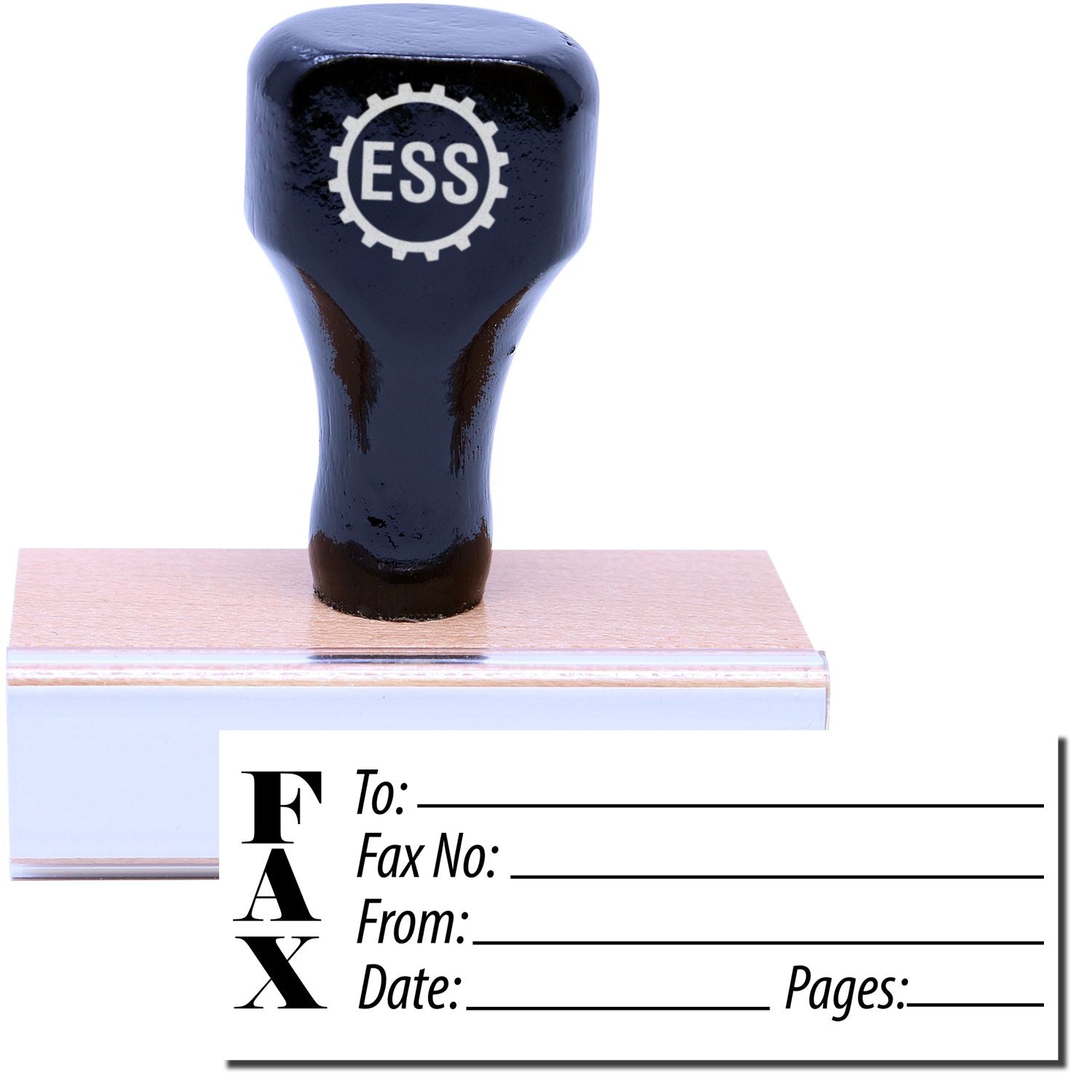 A stock office rubber stamp with a stamped image showing how the text FAX in a large font with space for a recipient's name, the fax number, who is sending the fax, when the fax is being sent, and how many pages the fax is composed of are displayed after stamping.