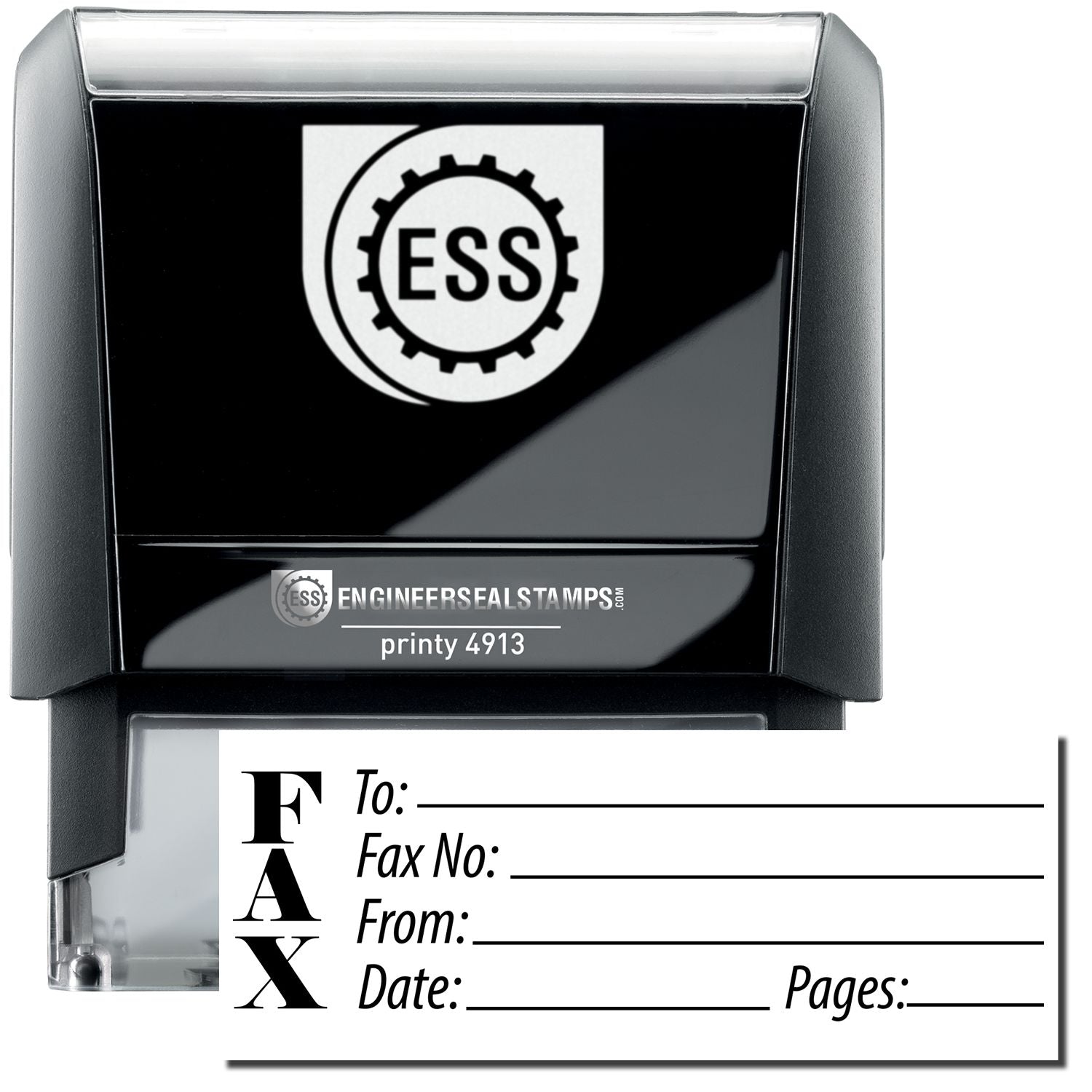 A self-inking stamp with a stamped image showing how the text FAX (each letter displaying vertically) in a large font with spaces given for mentioning a recipient's name, the fax number, who is sending the fax, when the fax is being sent, and how many pages the fax is composed of on the right side is displayed after stamping.