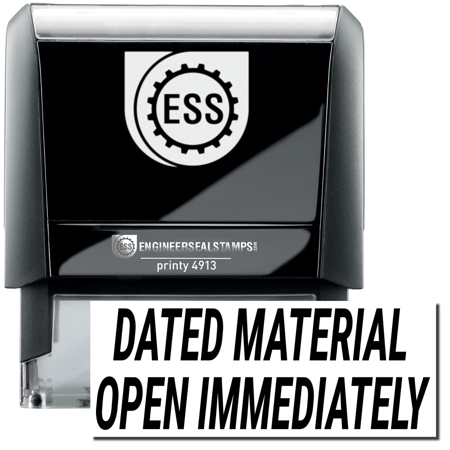 A self-inking stamp with a stamped image showing how the text DATED MATERIAL OPEN IMMEDIATELY in a large italic font is displayed by it after stamping.