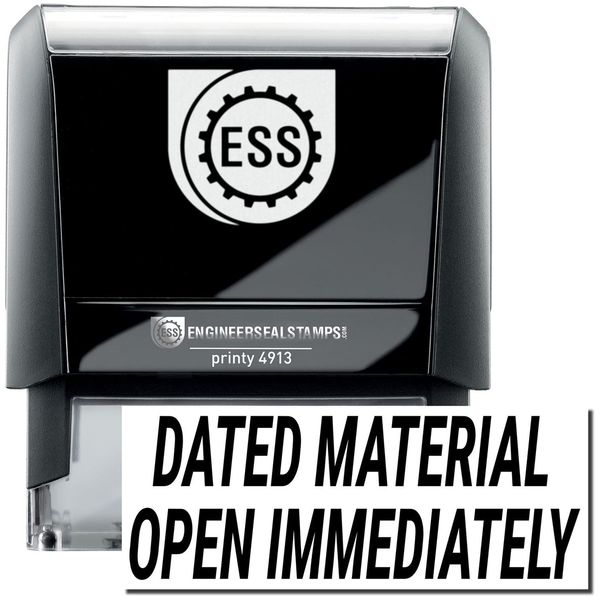A self-inking stamp with a stamped image showing how the text &quot;DATED MATERIAL OPEN IMMEDIATELY&quot; in a large italic font is displayed by it after stamping.