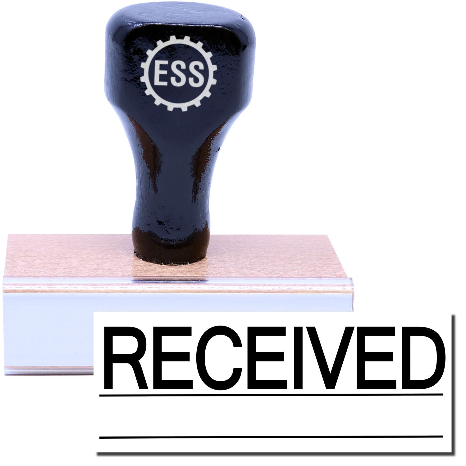 A stock office rubber stamp with a stamped image showing how the text "RECEIVED" in a large font with a line underneath the text is displayed after stamping.