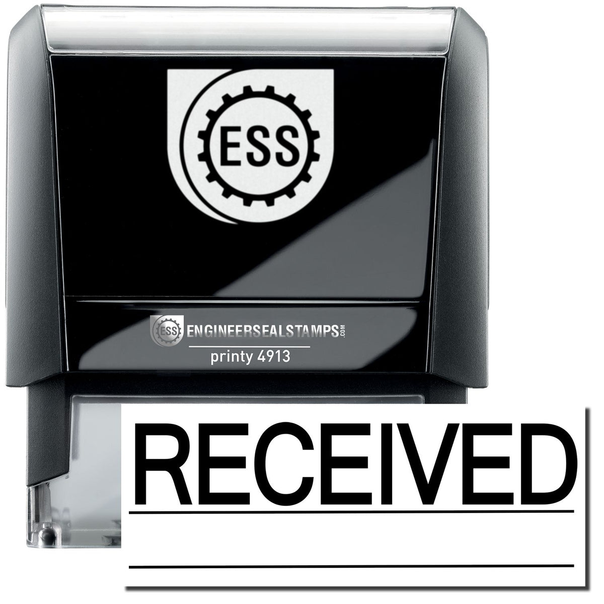 A self-inking stamp with a stamped image showing how the text &quot;RECEIVED&quot; in a large font with two lines under it is displayed after stamping.