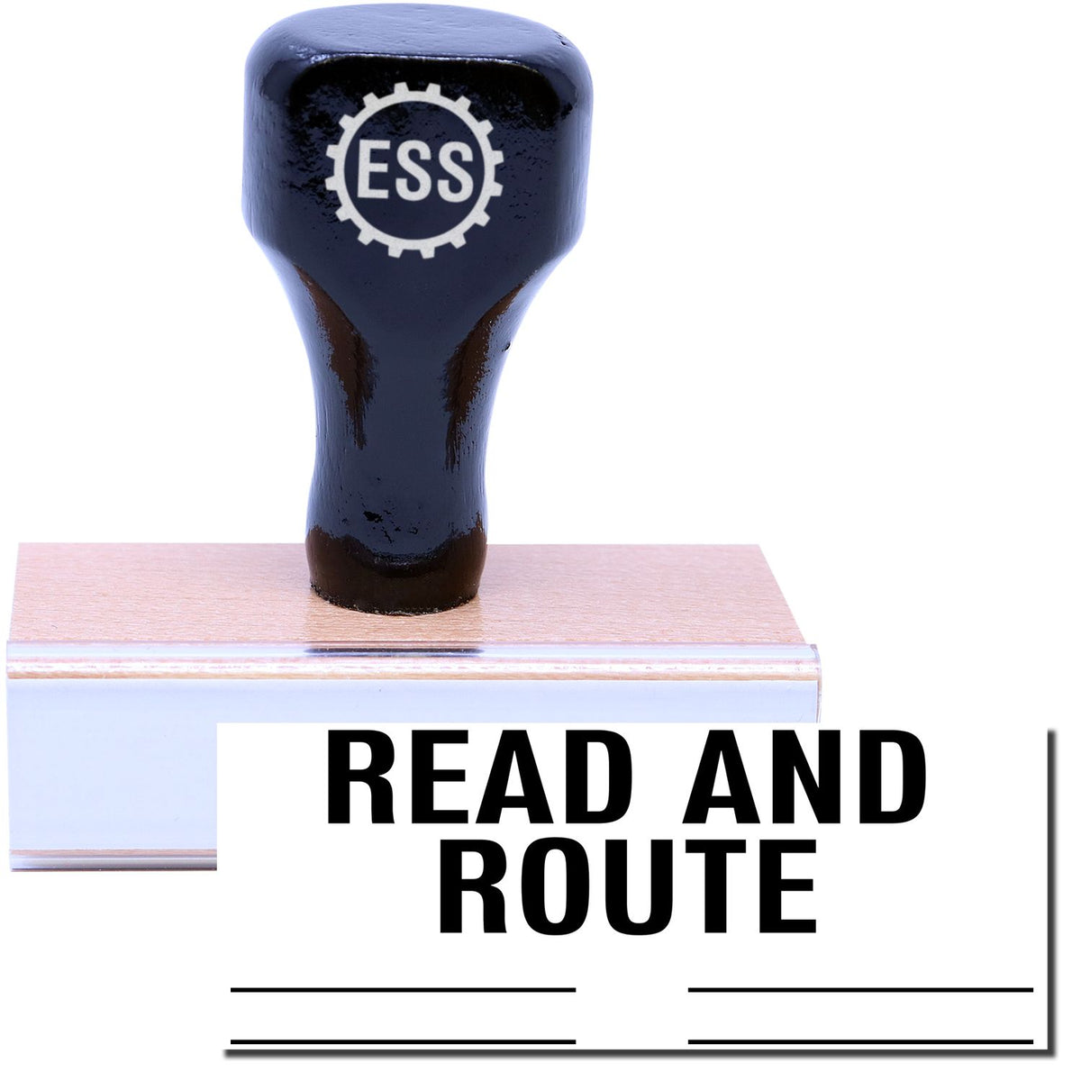 A stock office rubber stamp with a stamped image showing how the text &quot;READ AND ROUTE&quot; in a large font with lines underneath the text is displayed after stamping.