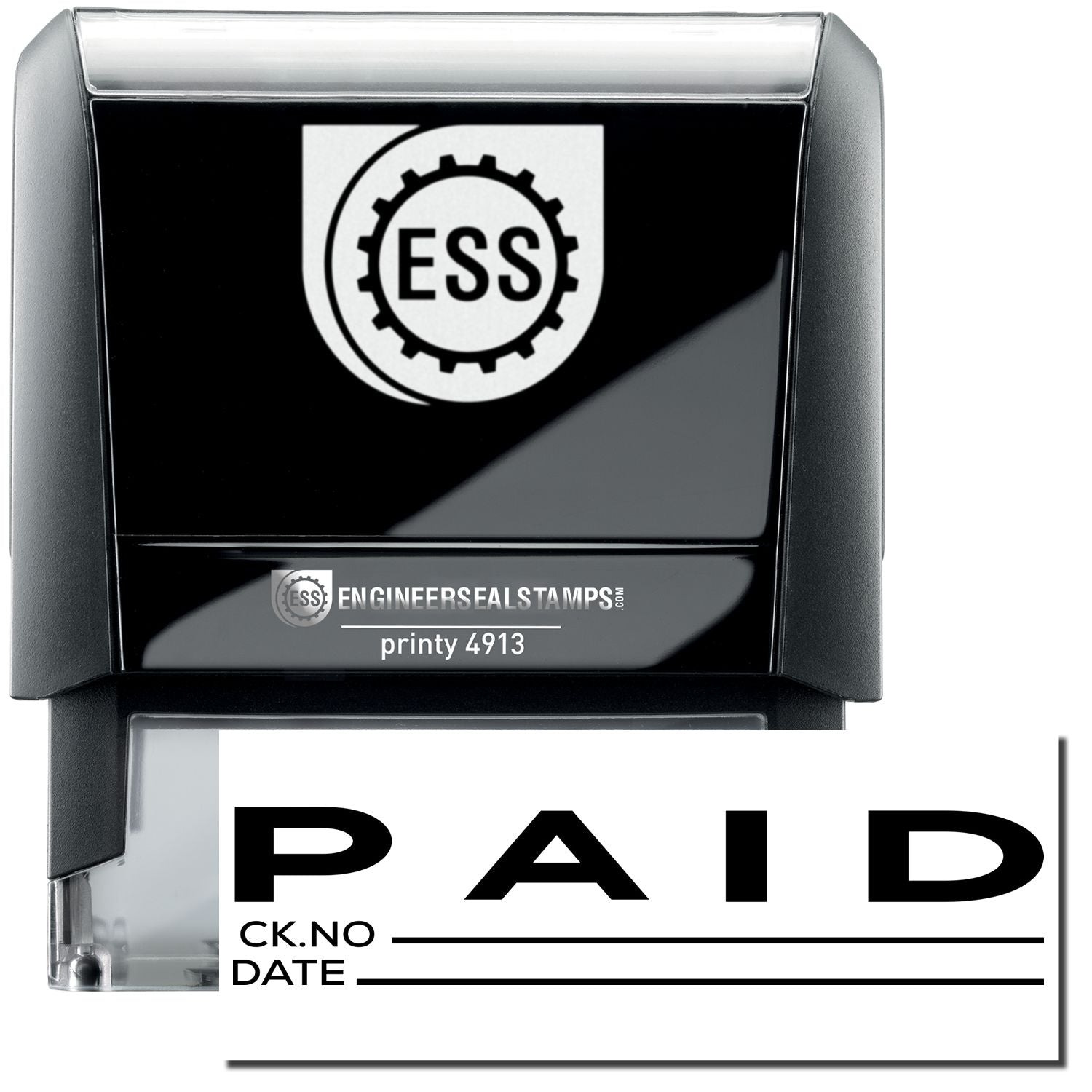 A self-inking stamp with a stamped image showing how the text PAID in a large bold font with space underneath where you can write down both the check number and the date is displayed after stamping.