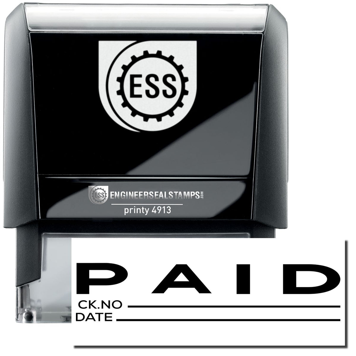 A self-inking stamp with a stamped image showing how the text &quot;PAID&quot; in a large bold font with space underneath where you can write down both the check number and the date is displayed after stamping.