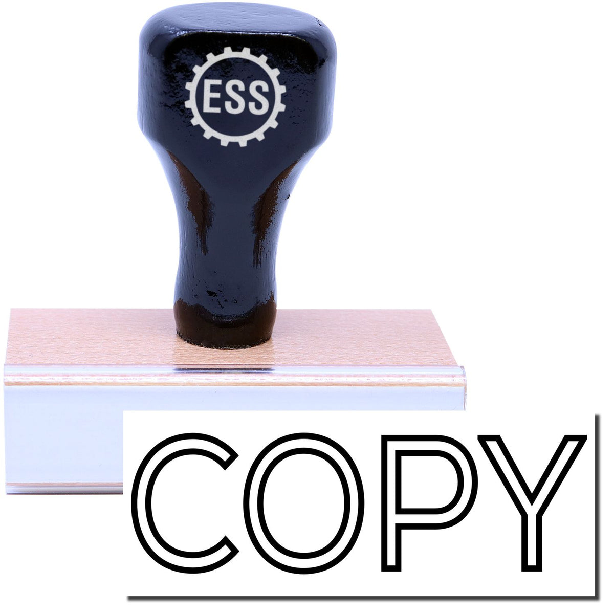 A stock office rubber stamp with a stamped image showing how the text &quot;COPY&quot; in a large outline font is displayed after stamping.