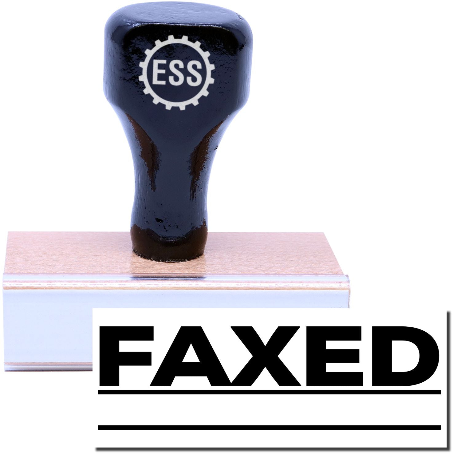 A stock office rubber stamp with a stamped image showing how the text FAXED in a large font with a line underneath the text is displayed after stamping.