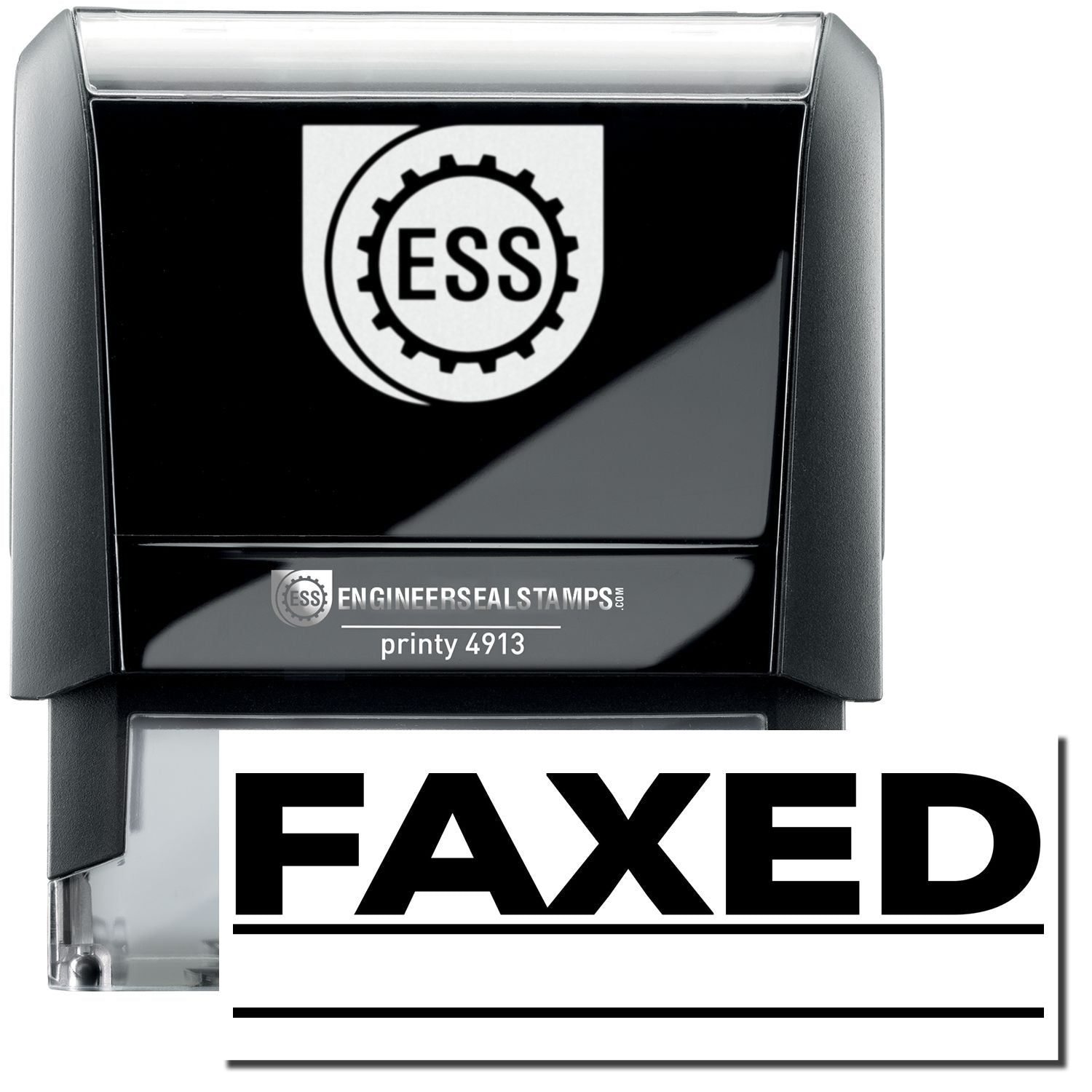 A self-inking stamp with a stamped image showing how the text "FAXED" in a large font with two lines underneath is displayed by it after stamping.