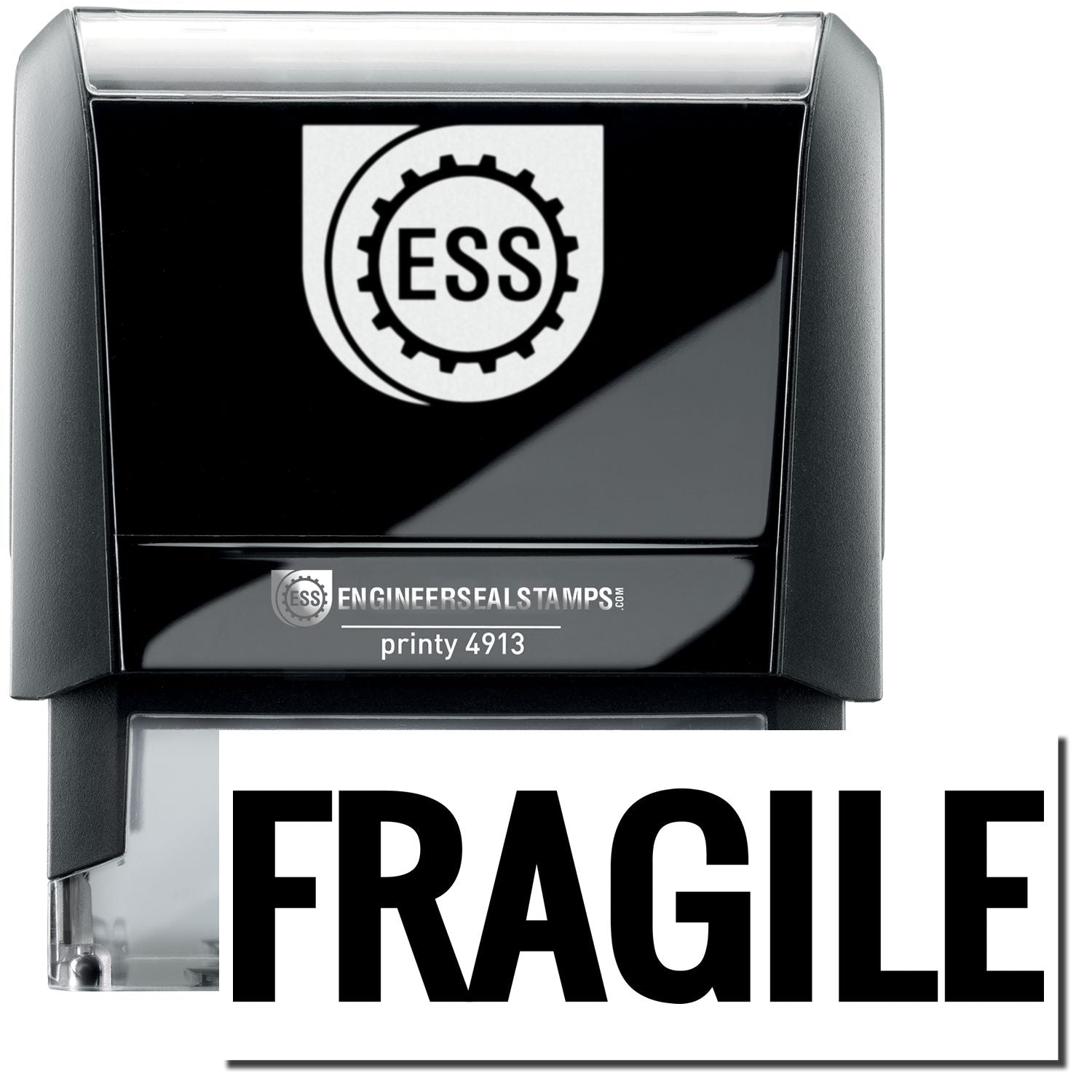 A self-inking stamp with a stamped image showing how the text FRAGILE in a large bold font is displayed after stamping.