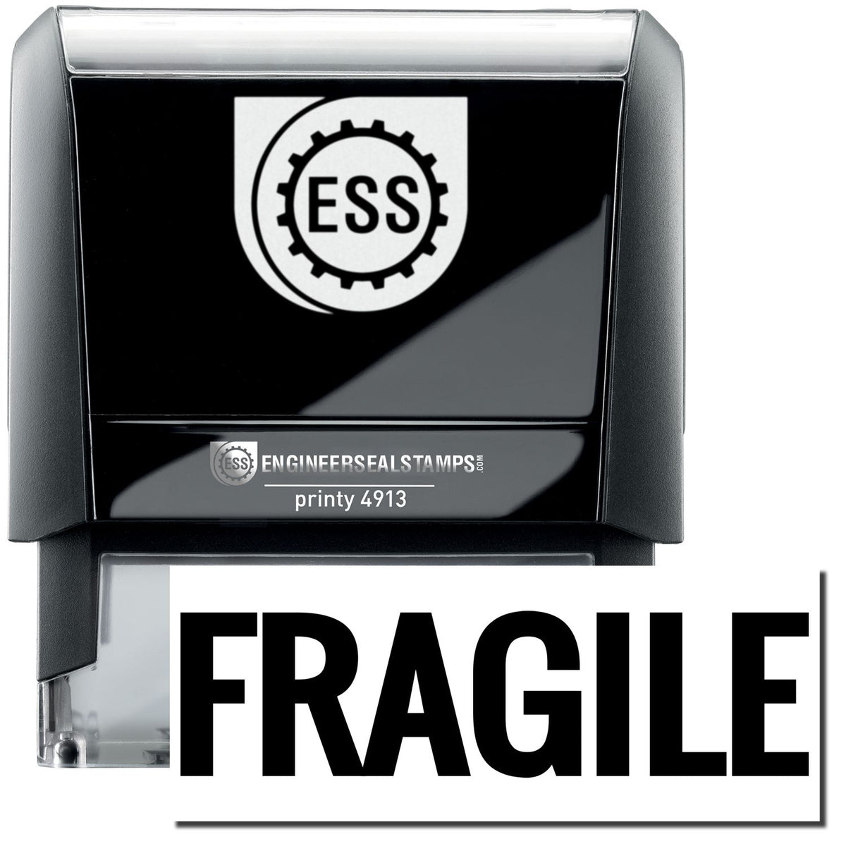 A self-inking stamp with a stamped image showing how the text &quot;FRAGILE&quot; in a large bold font is displayed after stamping.