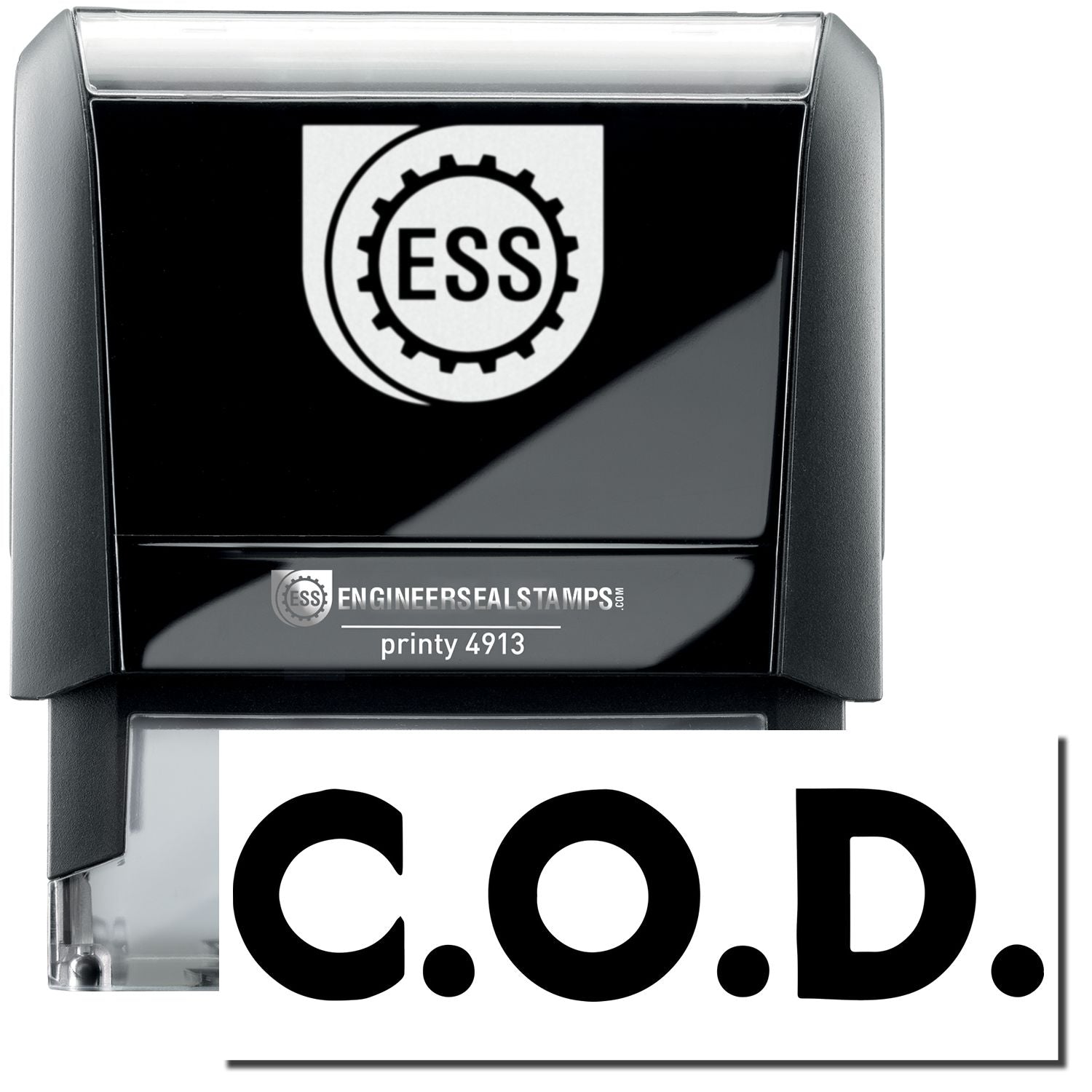 A self-inking stamp with a stamped image showing how the text C.O.D. in a large bold font is displayed after stamping.