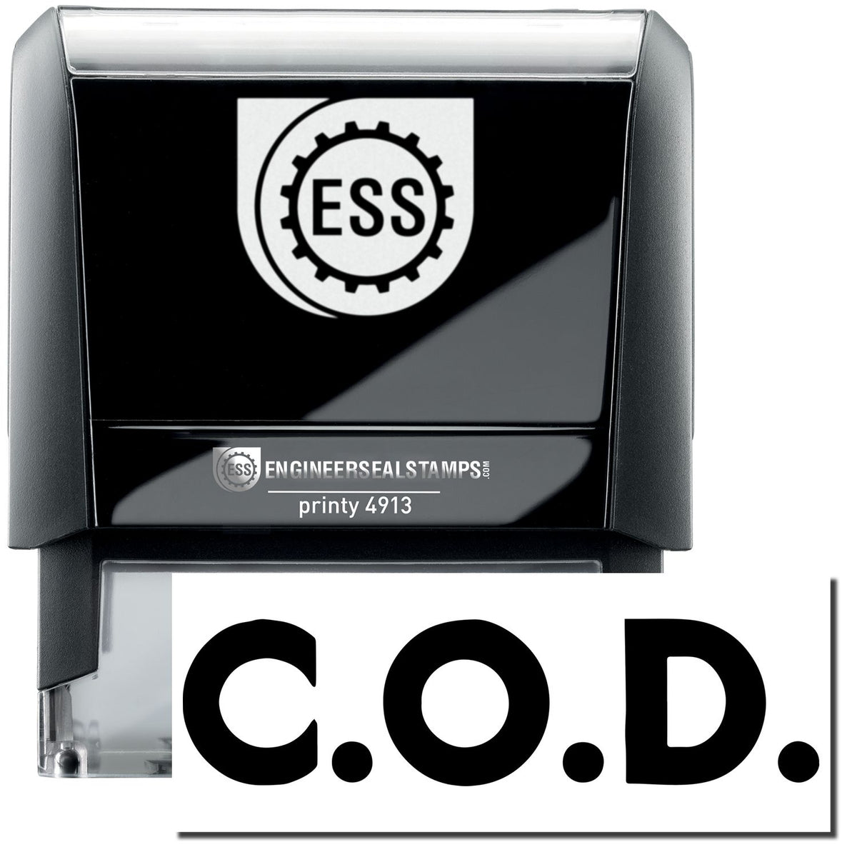A self-inking stamp with a stamped image showing how the text &quot;C.O.D.&quot; in a large bold font is displayed after stamping.