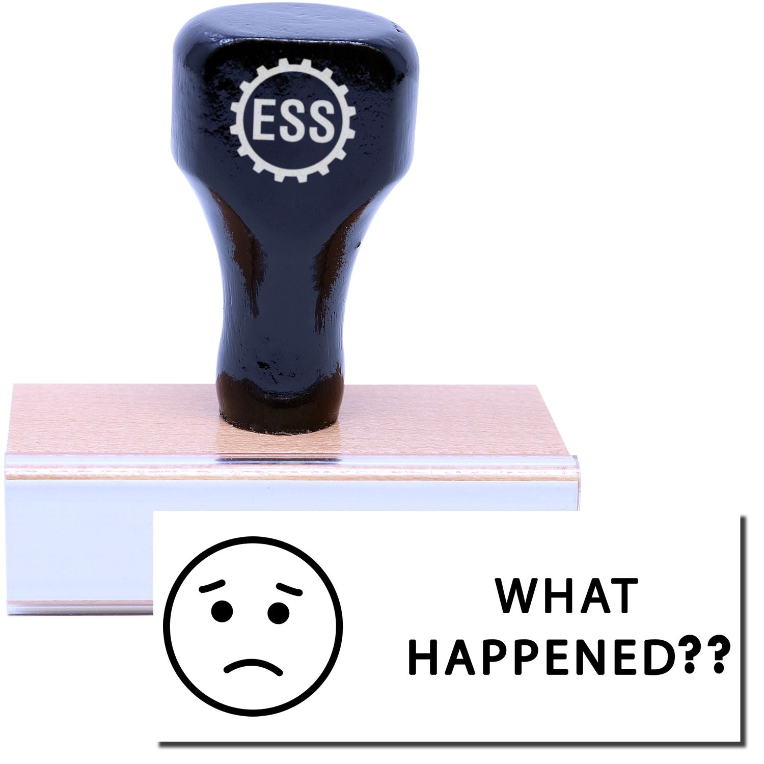 A stock office rubber stamp with a stamped image showing how the text WHAT HAPPENED?? in a large bold font with an image of a sad face emoji on the left side is displayed after stamping.