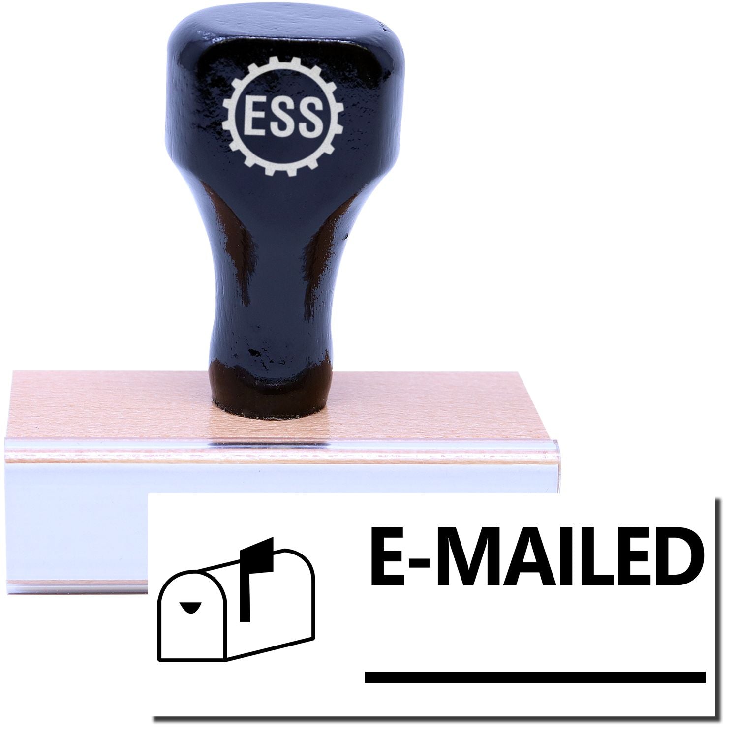 A stock office rubber stamp with a stamped image showing how the text E-MAILED in a large font with a line below the text and an image of a mailbox with the flag up on the left side is displayed after stamping.