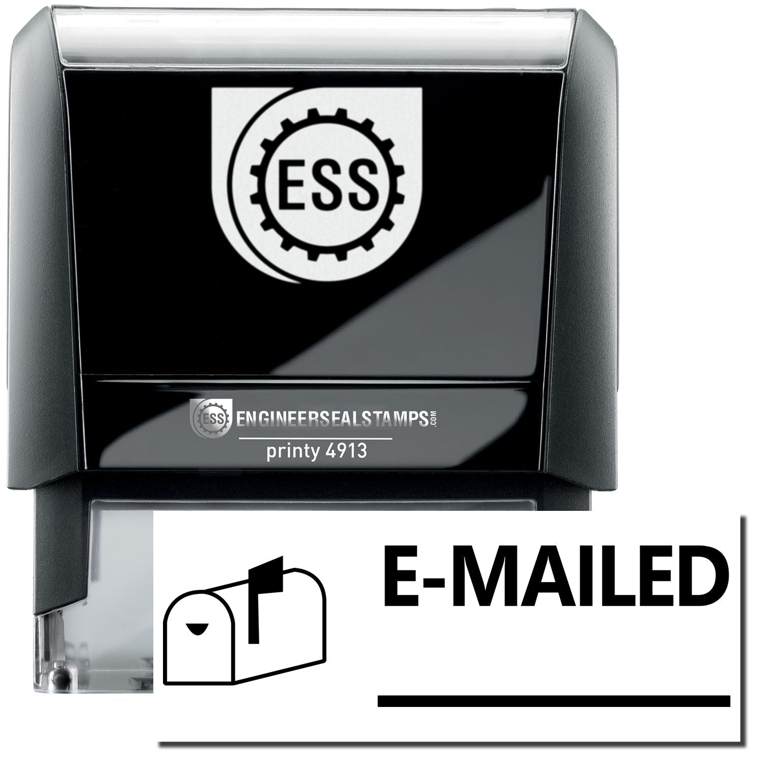 A self-inking stamp with a stamped image showing how the text "E-MAILED" in a large font with a line underneath and an image of a mailbox with the flag up on the left side is displayed after stamping.