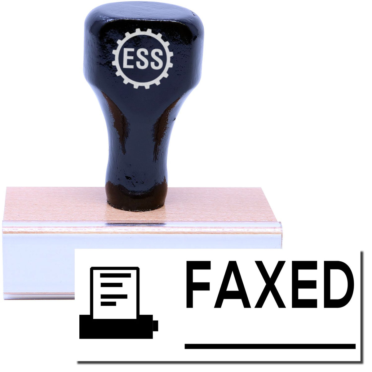 A stock office rubber stamp with a stamped image showing how the text &quot;FAXED&quot; in a large font with a line underneath the text and a small image of a fax machine on the left side is displayed after stamping.