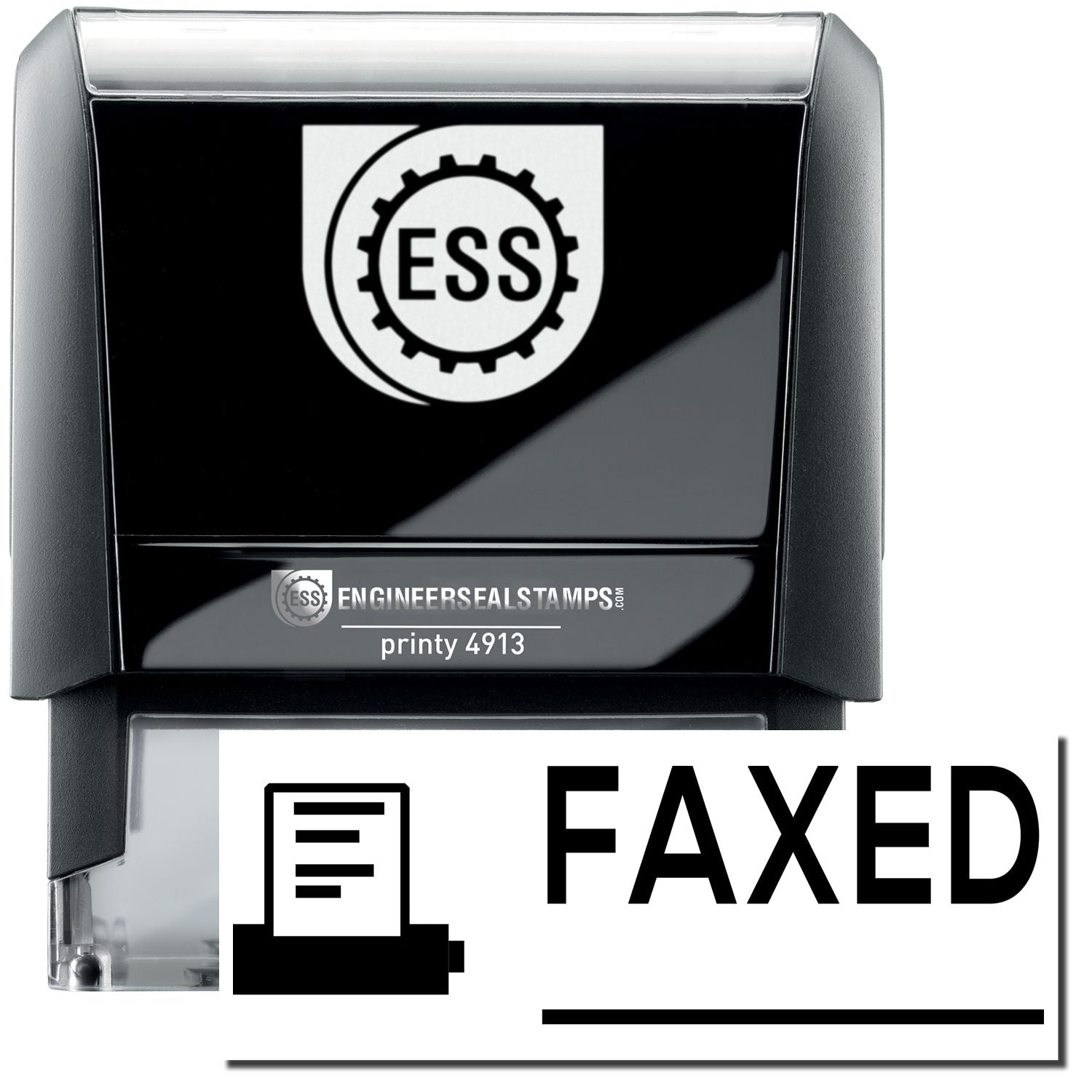 A self-inking stamp with a stamped image showing how the text "FAXED" in a large font with a line underneath and a small image of a fax machine on the left side is displayed after stamping.