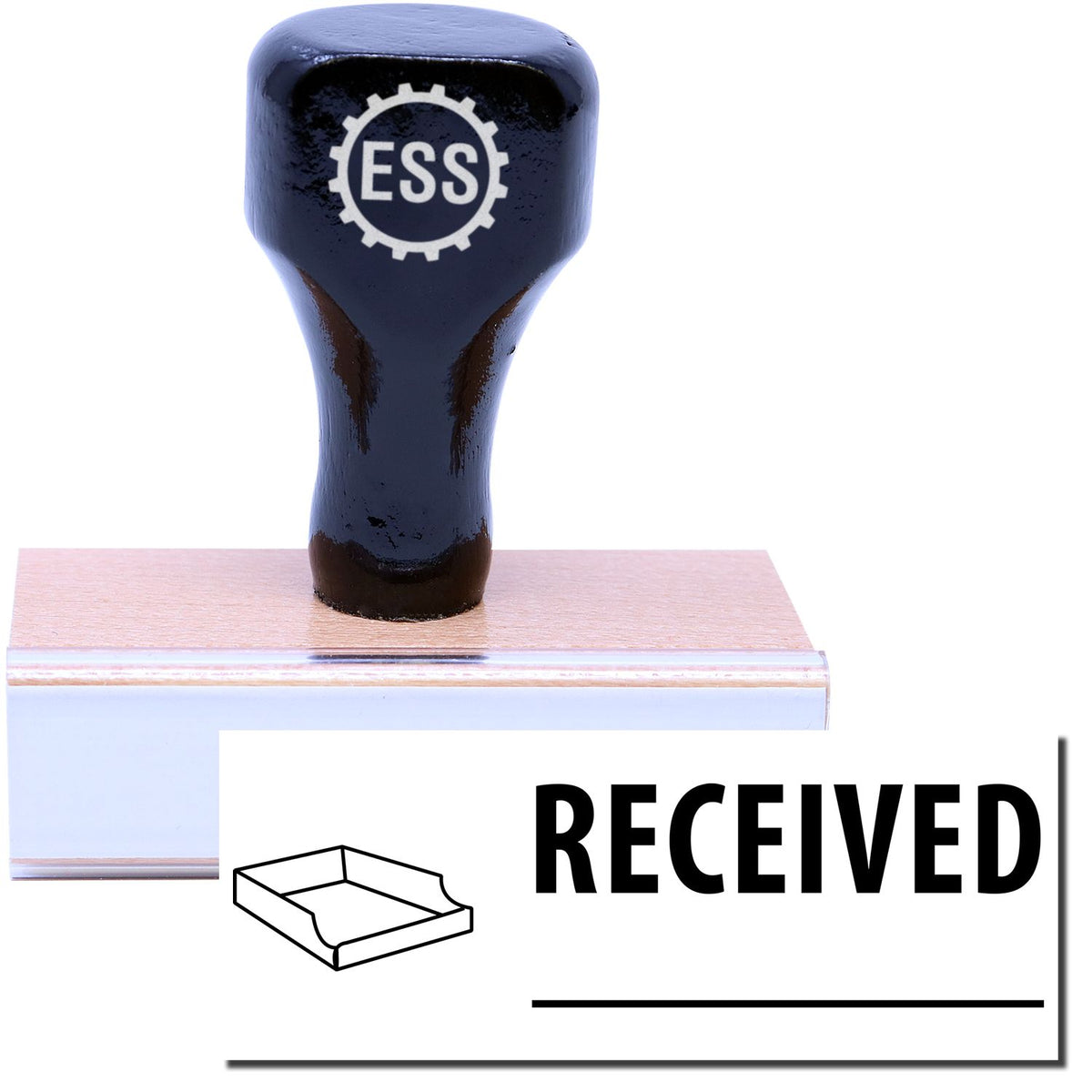 A stock office rubber stamp with a stamped image showing how the text &quot;RECEIVED&quot; in a large font with a line underneath the text and an inbox icon on the left side is displayed after stamping.