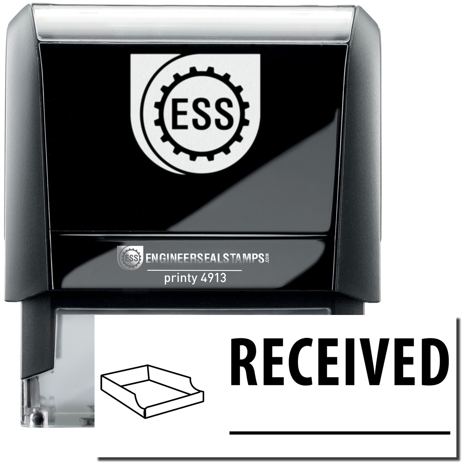 A self-inking stamp with a stamped image showing how the text RECEIVED in a large font with a line under the text and an inbox icon on the left side is displayed after stamping.