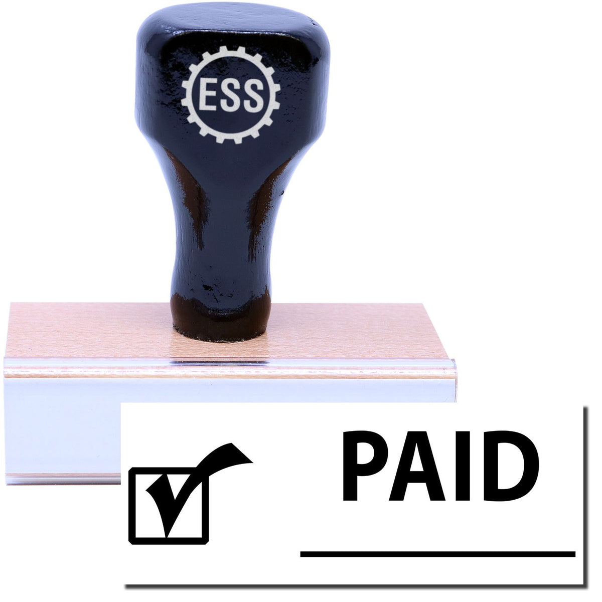 A stock office rubber stamp with a stamped image showing how the text &quot;PAID&quot; in a large font with a line underneath the text and a checkmark icon on the left side is displayed after stamping.
