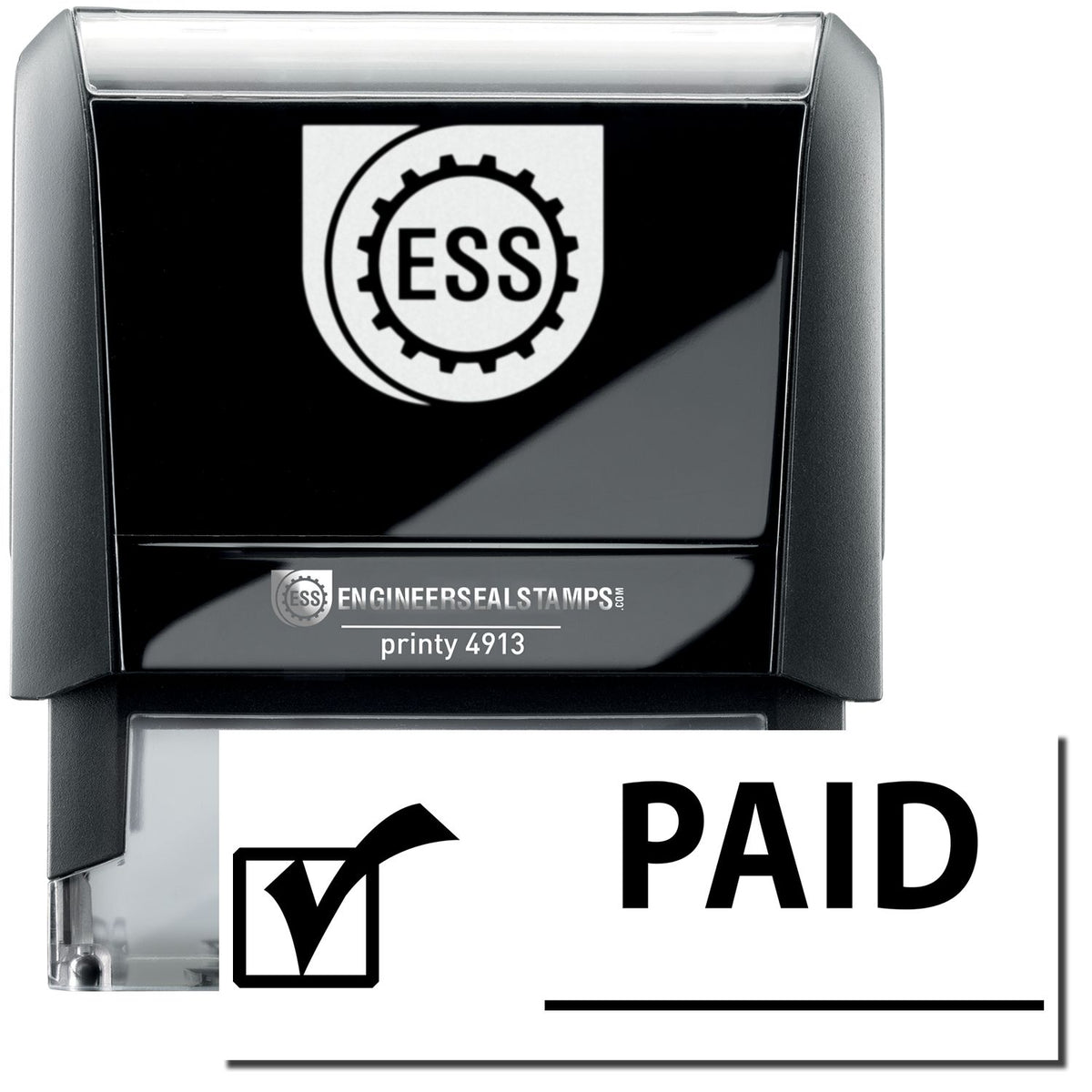 A self-inking stamp with a stamped image showing how the text &quot;PAID&quot; in a large font with a checkmark icon on the left and a broad line on the right under the text is displayed after stamping.