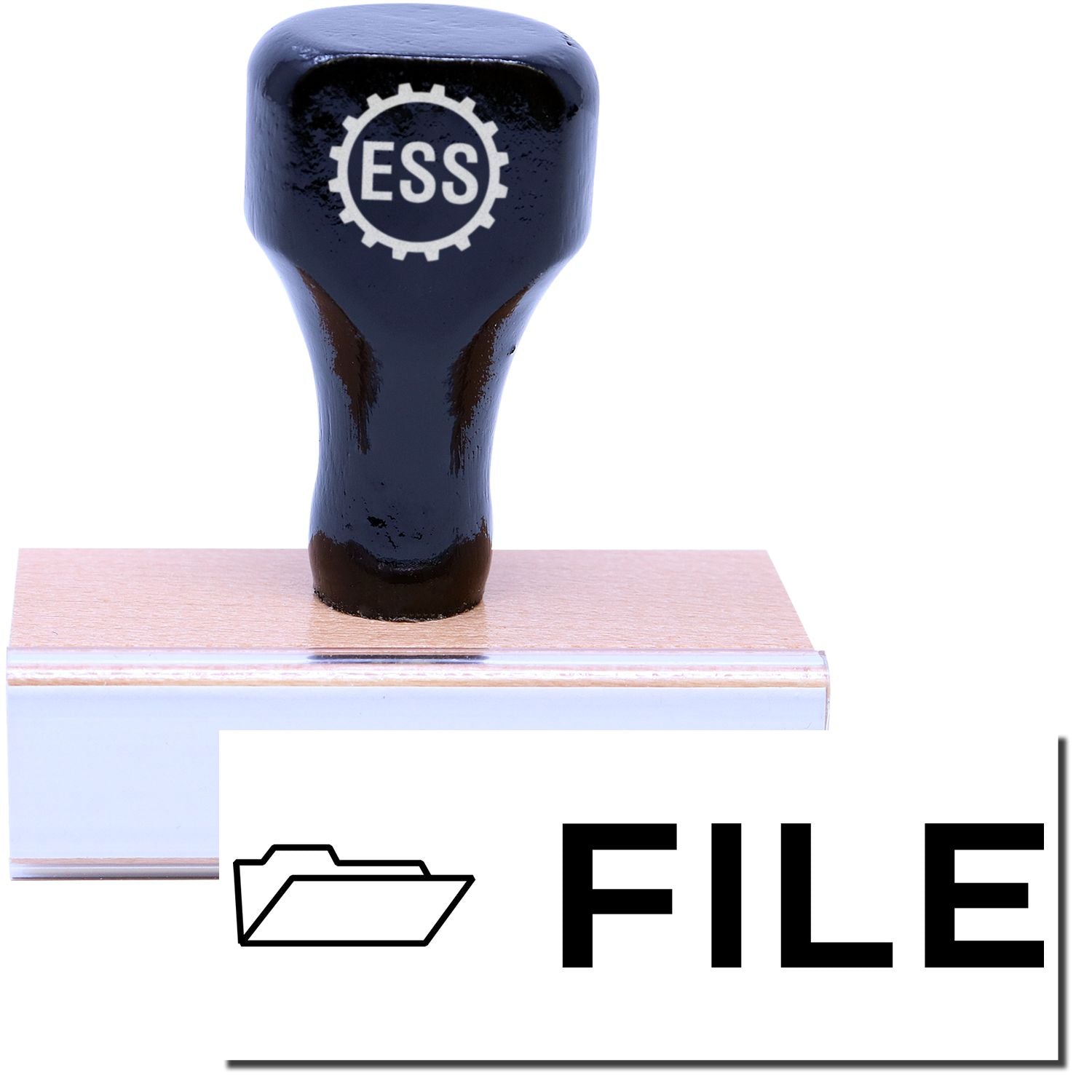 A stock office rubber stamp with a stamped image showing how the text FILE in a large bold font with a small icon of a file folder on the left side is displayed after stamping.