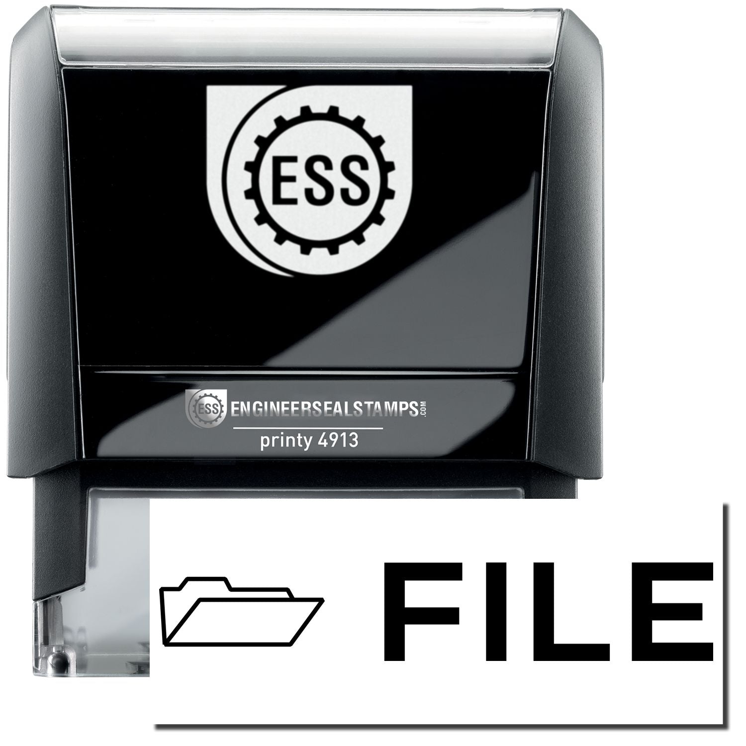 A self-inking stamp with a stamped image showing how the text FILE in a large bold font and a small icon of a file folder on the left side is displayed after stamping.