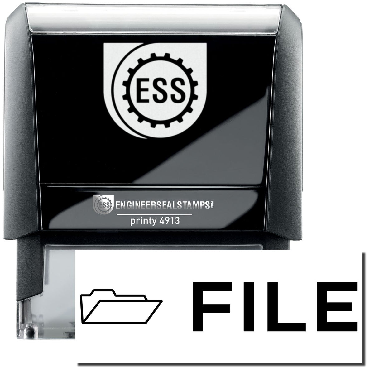 A self-inking stamp with a stamped image showing how the text &quot;FILE&quot; in a large bold font and a small icon of a file folder on the left side is displayed after stamping.