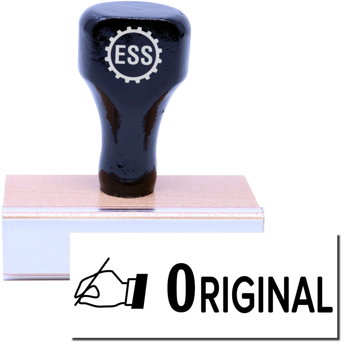 A stock office rubber stamp with a stamped image showing how the text &quot;0RIGINAL&quot; in a large bold font with a small icon of a hand holding a pen on the left side is displayed after stamping.