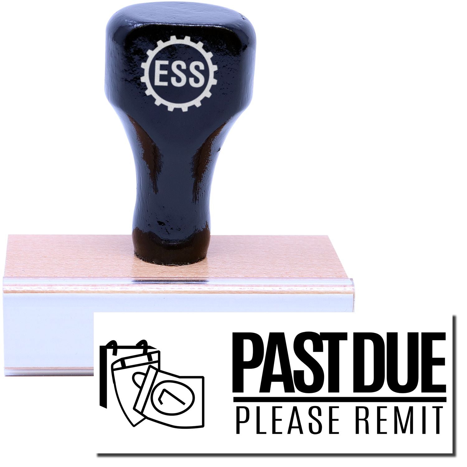 A stock office rubber stamp with a stamped image showing how the text "PAST DUE" in a large bold font (with a line underneath the text) and "PLEASE REMIT" (under a line) in a small font with an icon of a calendar on the left side is displayed after stamping.