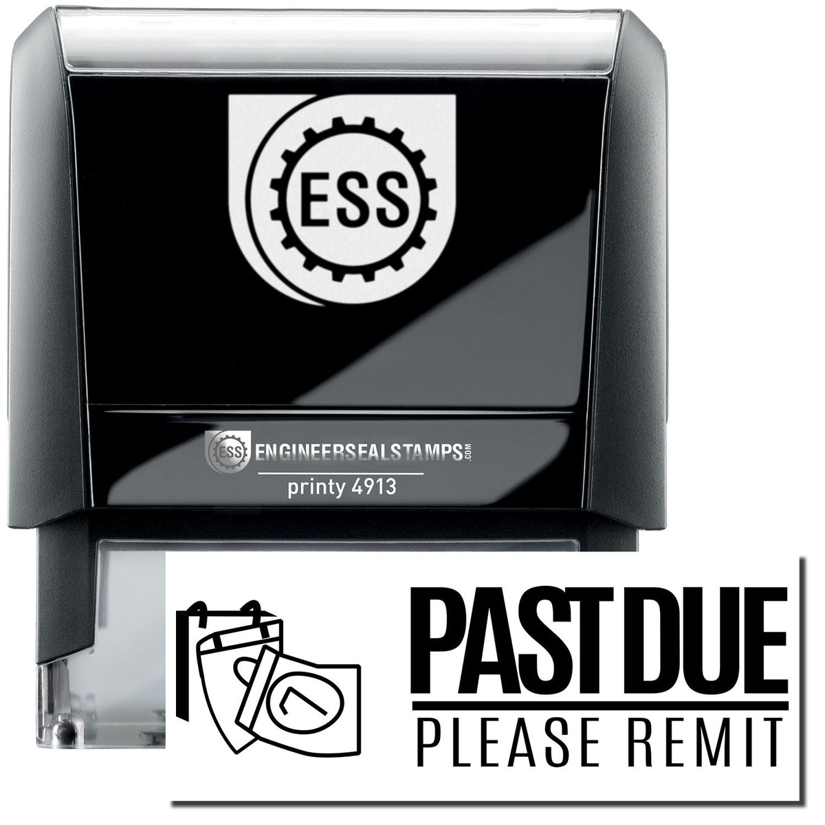 A self-inking stamp with a stamped image showing how the text &quot;PAST DUE PLEASE REMIT&quot; in a large font (&quot;PAST DUE &quot;in bold font with a line underneath; &quot;PLEASE REMIT&quot; in narrow font) with an icon of a calendar on the left side is displayed after stamping.