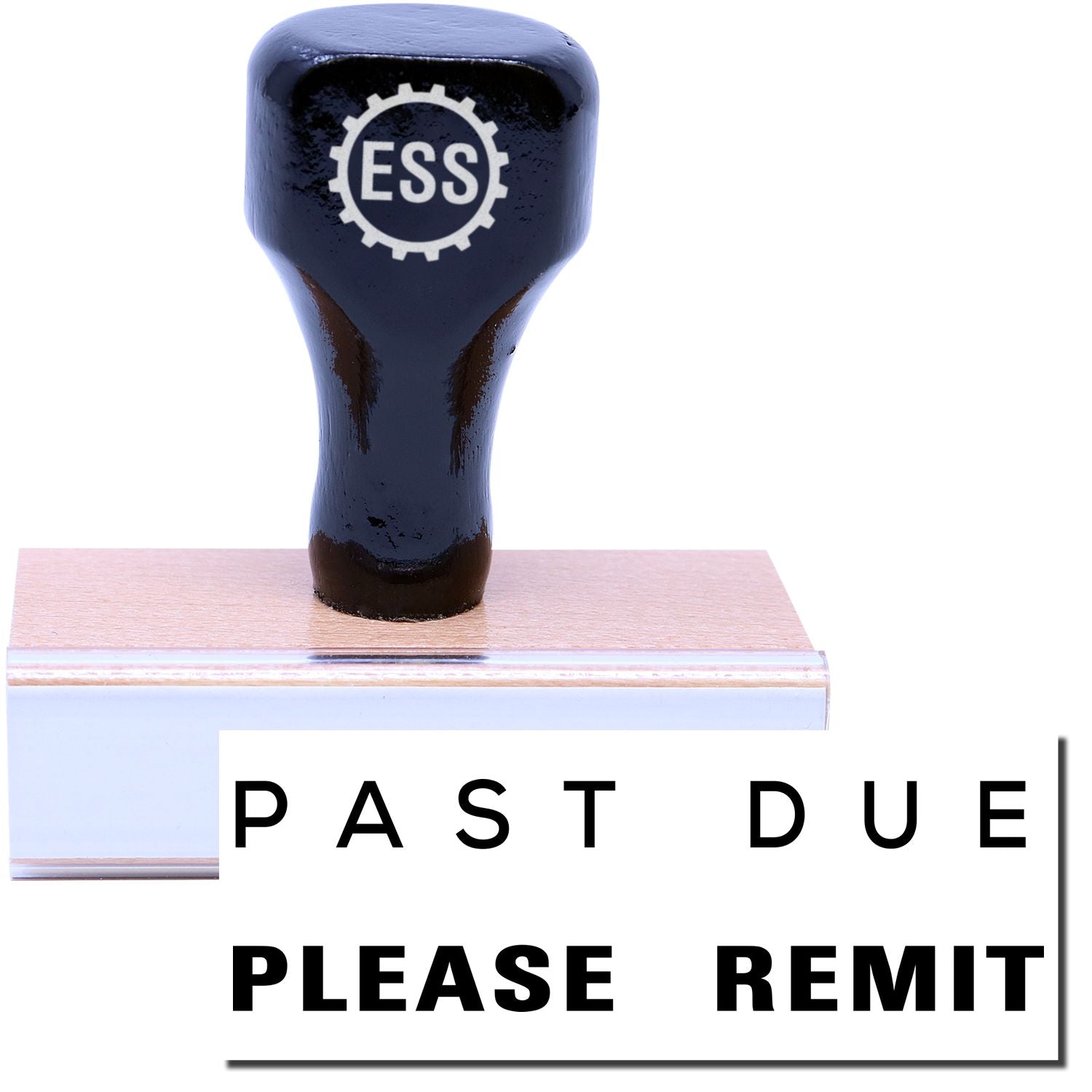 A stock office rubber stamp with a stamped image showing how the text PAST DUE PLEASE REMIT in a large font ( PAST DUE in a narrow font and PLEASE REMIT in a bold font) is displayed after stamping.