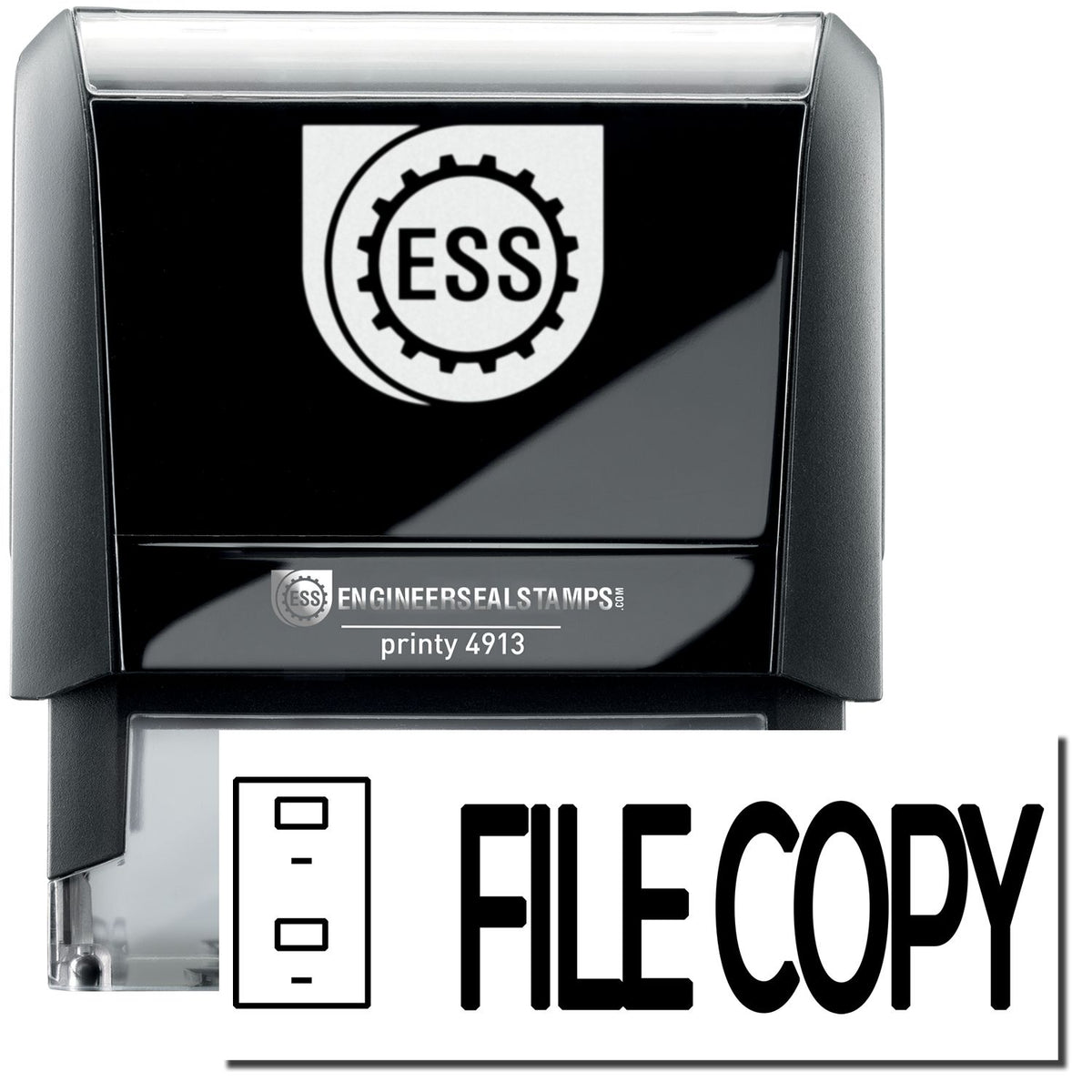 A self-inking stamp with a stamped image showing how the text &quot;FILE COPY&quot; in a large bold font with a small image of a drawer on the left side is displayed after stamping.
