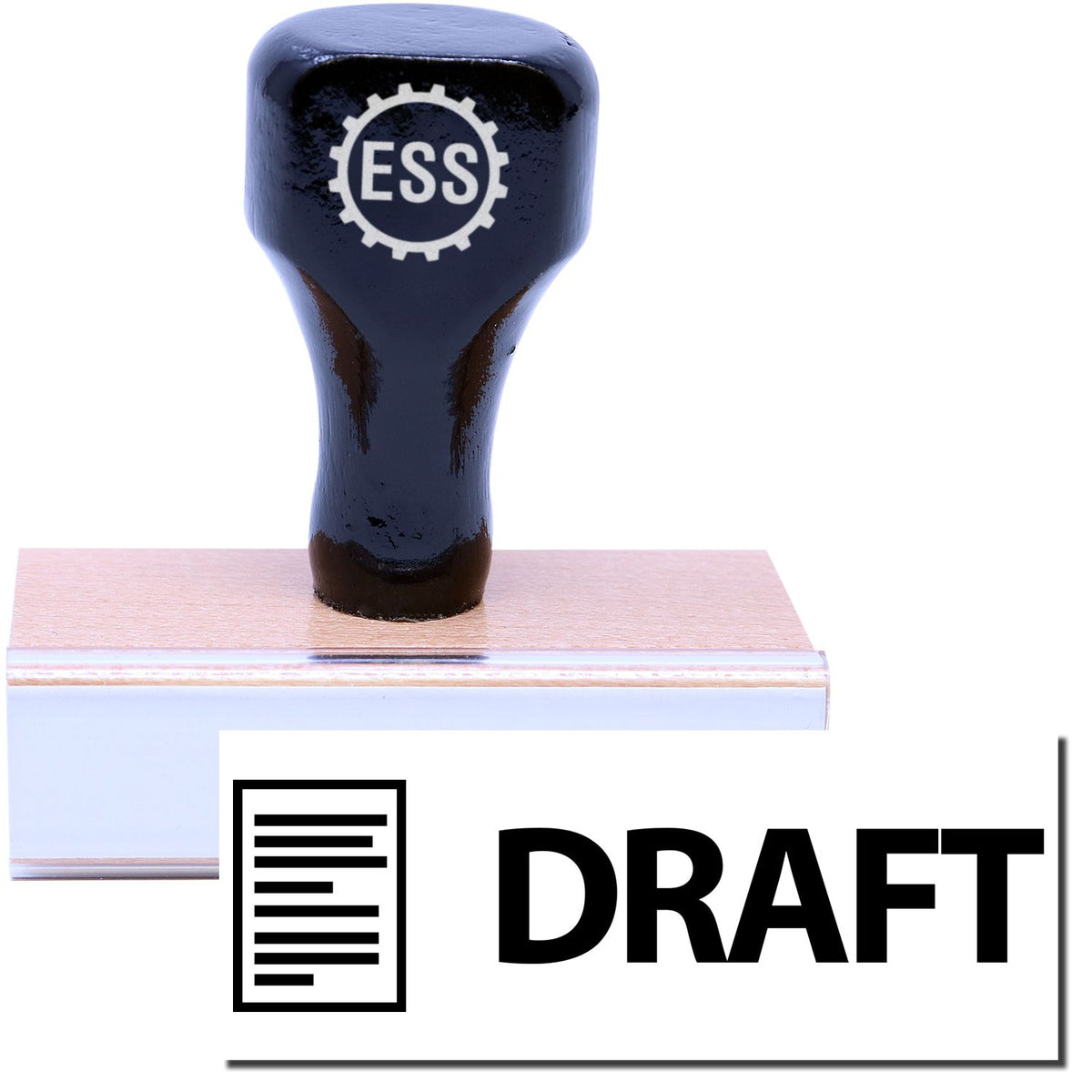 A stock office rubber stamp with a stamped image showing how the text &quot;DRAFT&quot; in a large eye-catching font with an image of a letter on the left side is displayed after stamping.