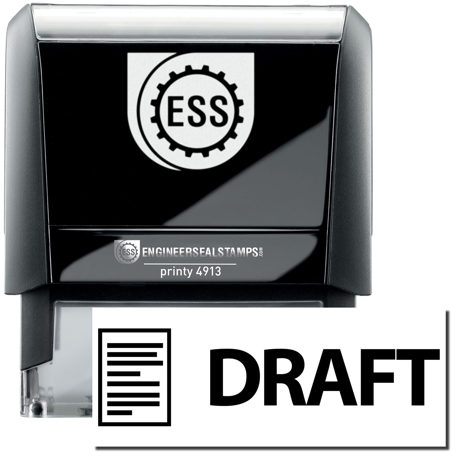 A self-inking stamp with a stamped image showing how the text "DRAFT" in an eye-catching font with an image of a letter is displayed by it after stamping.
