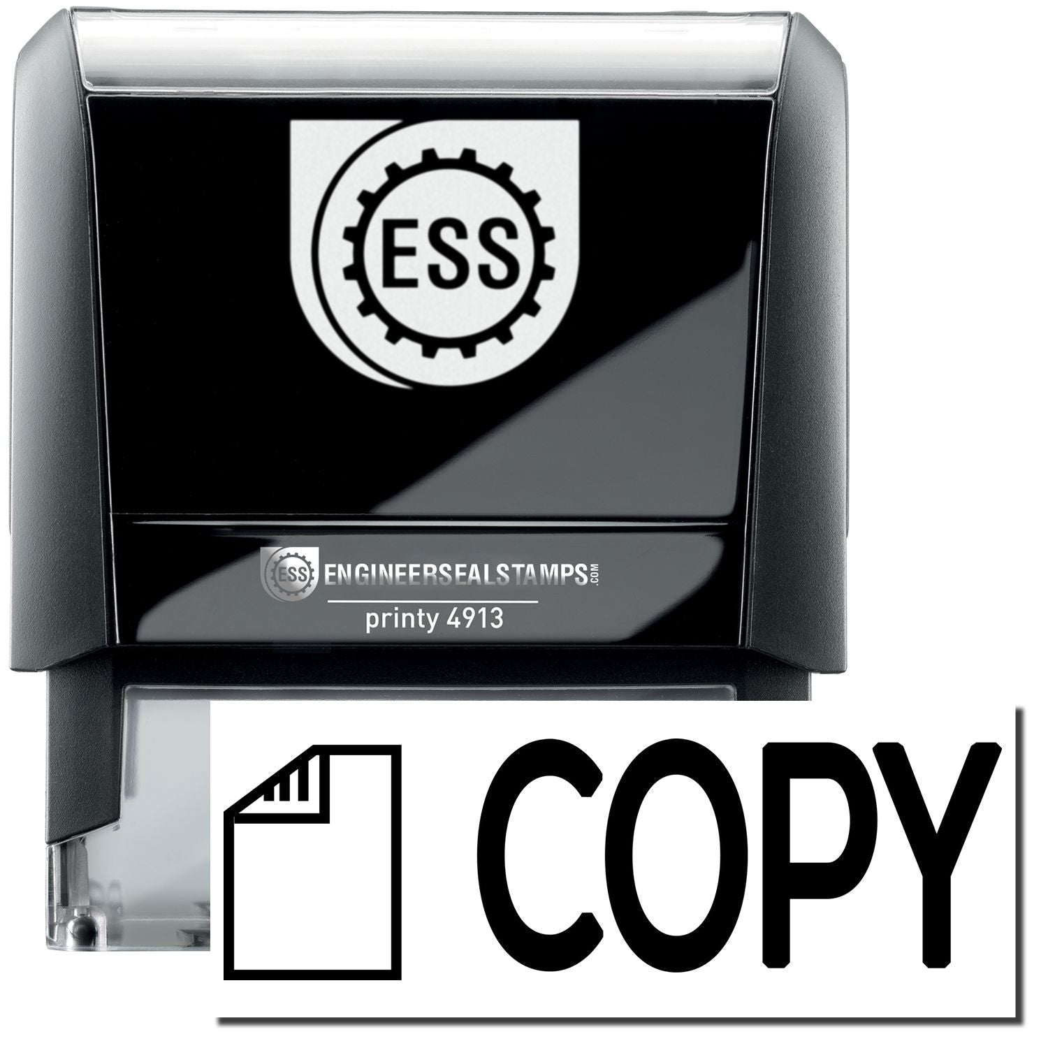 A self-inking stamp with a stamped image showing how the text COPY in a large bold font with a small image of a letter is displayed after stamping.