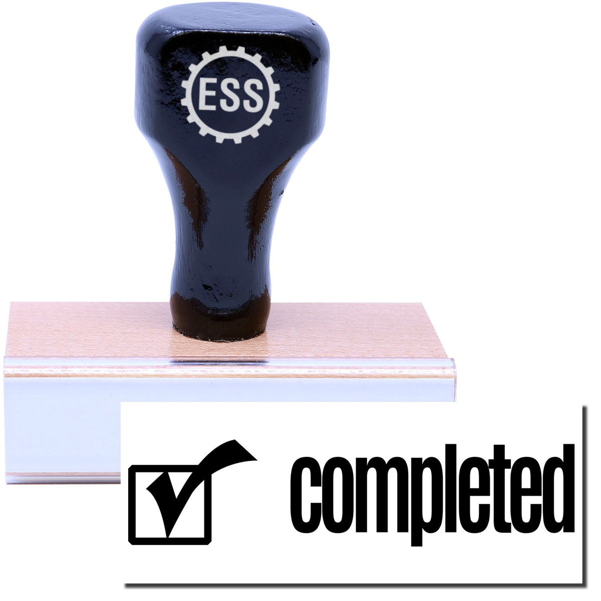 A stock office rubber stamp with a stamped image showing how the text &quot;completed&quot; in a large font with an image of a checkbox on the left side is displayed after stamping.