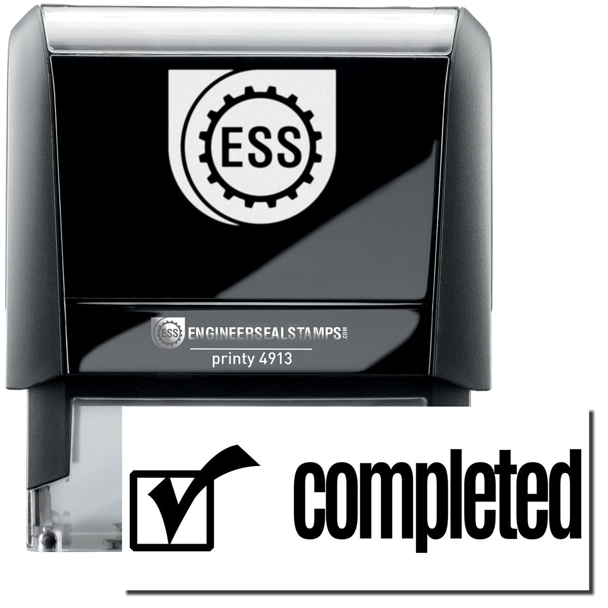 A self-inking stamp with a stamped image showing how the text &quot;completed&quot; in a large font with an image of a checkbox on the left side is displayed after stamping.