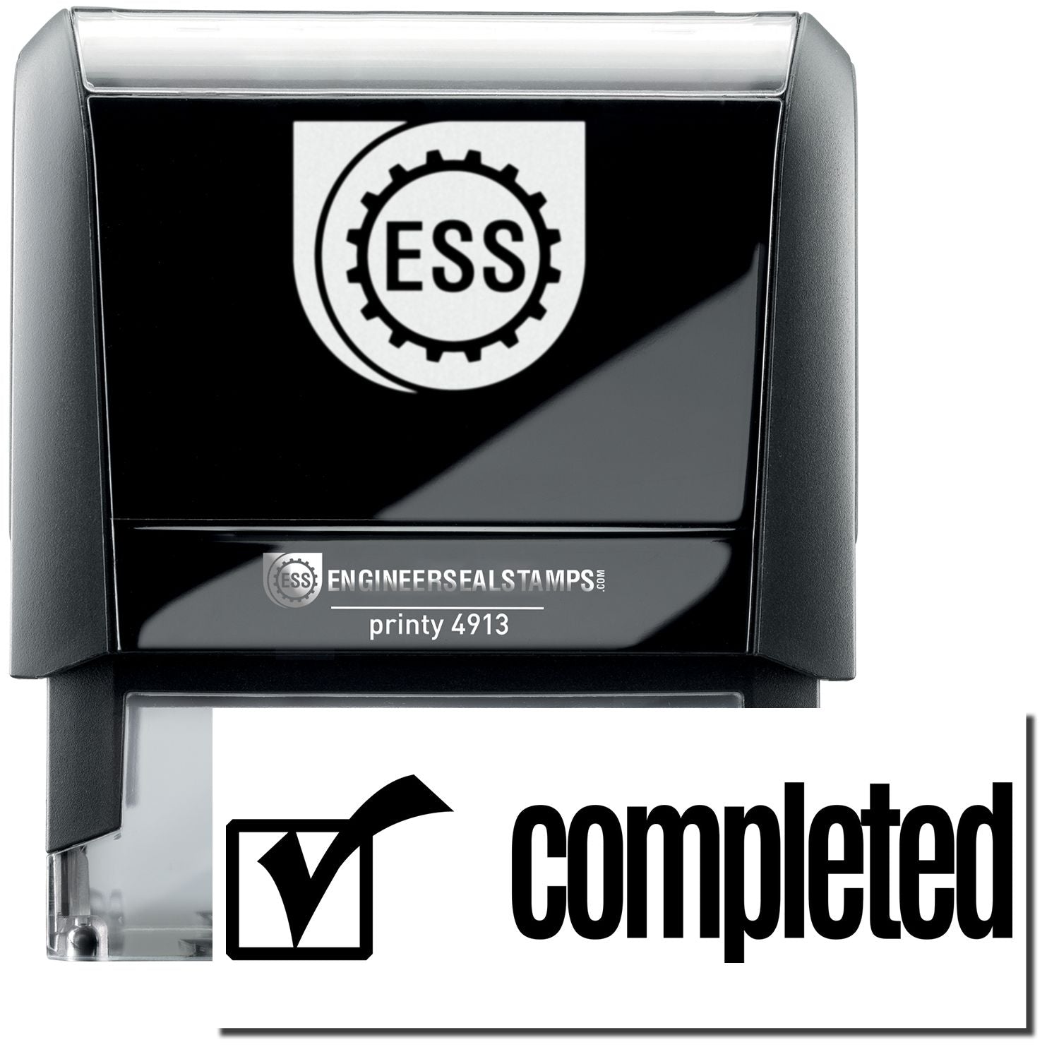 A self-inking stamp with a stamped image showing how the text "completed" in a large font with an image of a checkbox on the left side is displayed after stamping.